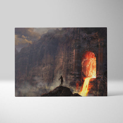 Rectangular canvas print of a lone figure before a fiery lava archway in dark fantasy gothic ruins wall art