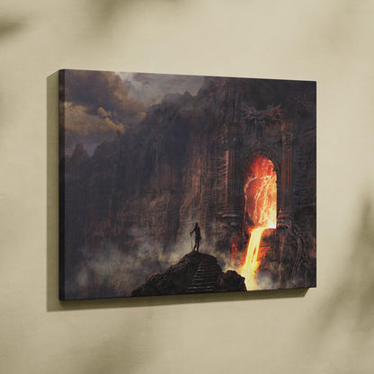 Dark canvas print of lone figure before fiery orange lava portal in gothic ruins infernal gate wall art