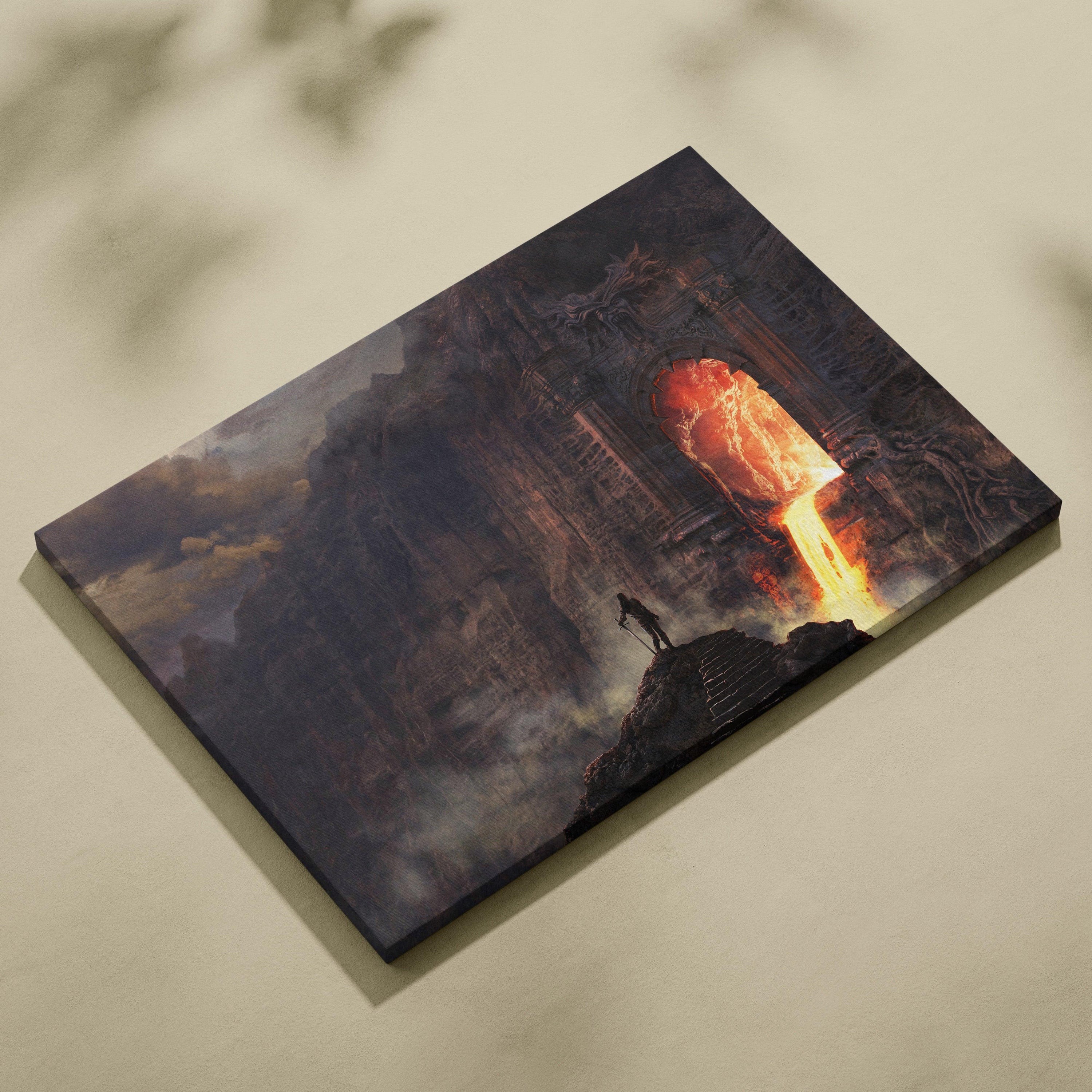 Dark canvas print of lone figure before erupting lava fountain in ancient gothic ruins for moody fantasy decor