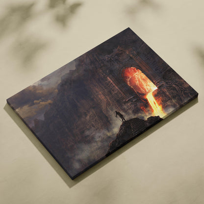 Dark canvas print of lone figure before erupting lava fountain in ancient gothic ruins for moody fantasy decor