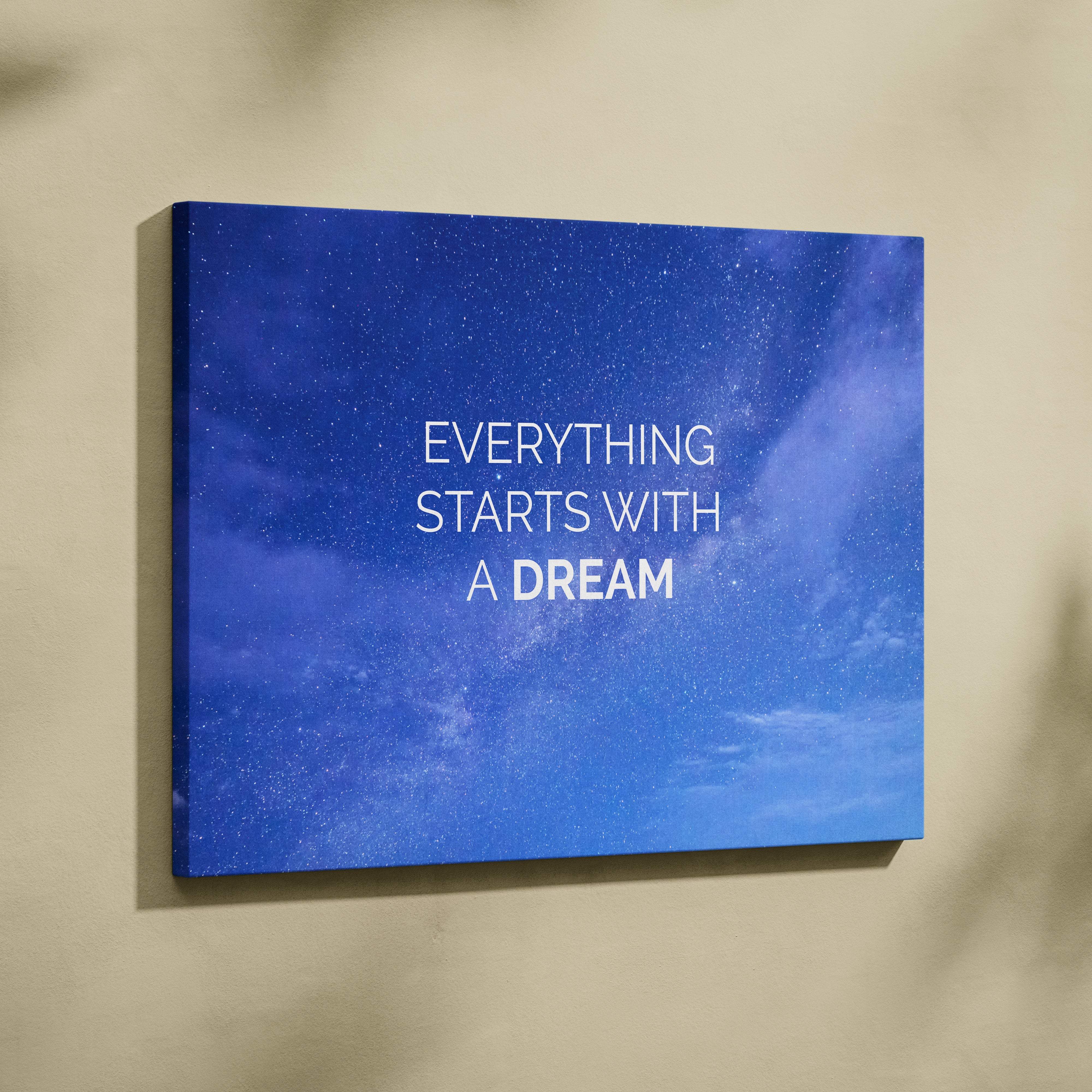 Blue canvas wall art with starry night sky and inspirational dream quote for bedroom office or living room decor