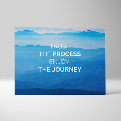 Blue gradient mountain landscape canvas wall art with trust the process enjoy the journey quote for office or bedroom decor