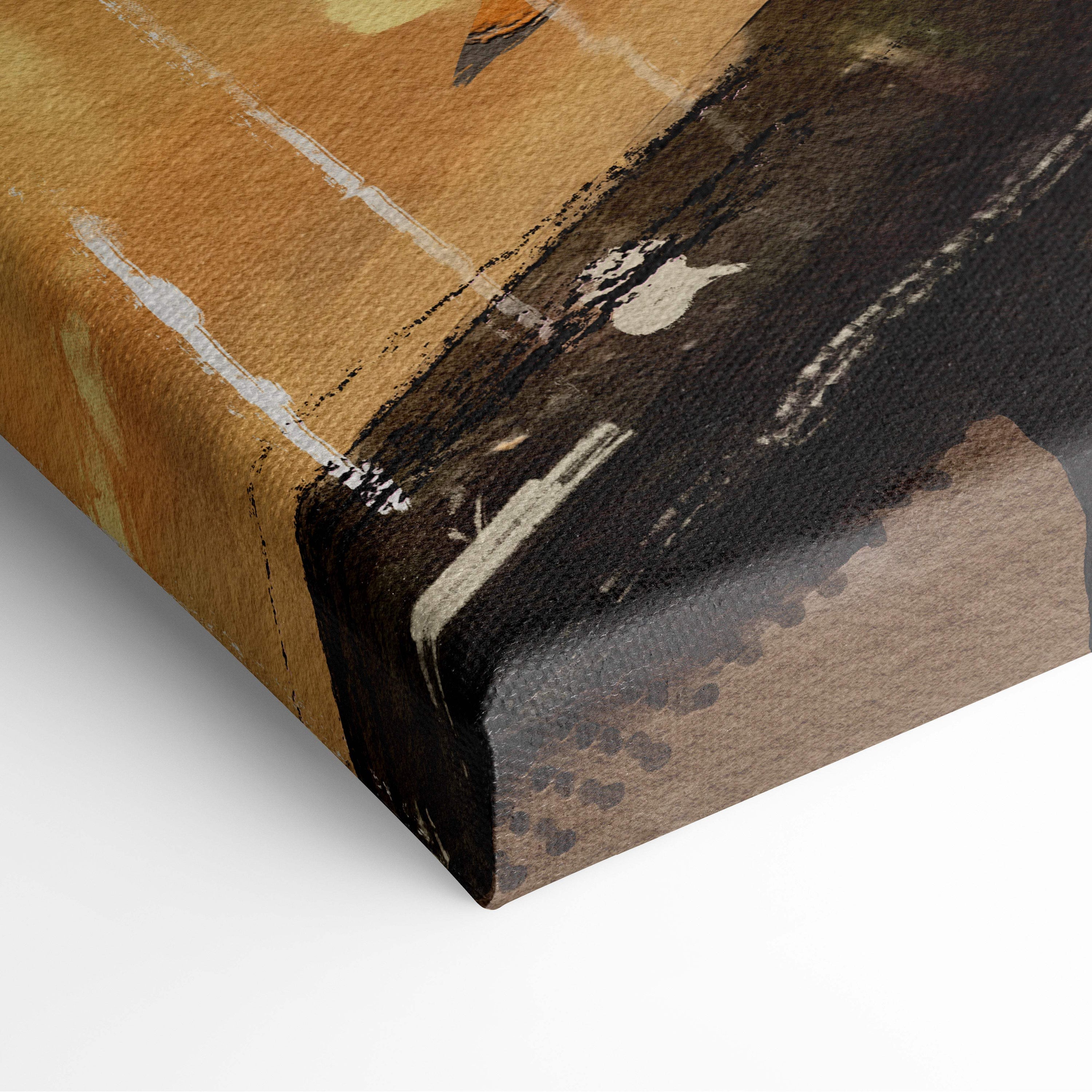 Canvas print of moody city bridge at dusk with warm ochre and black abstract brushstrokes and textured surfaces