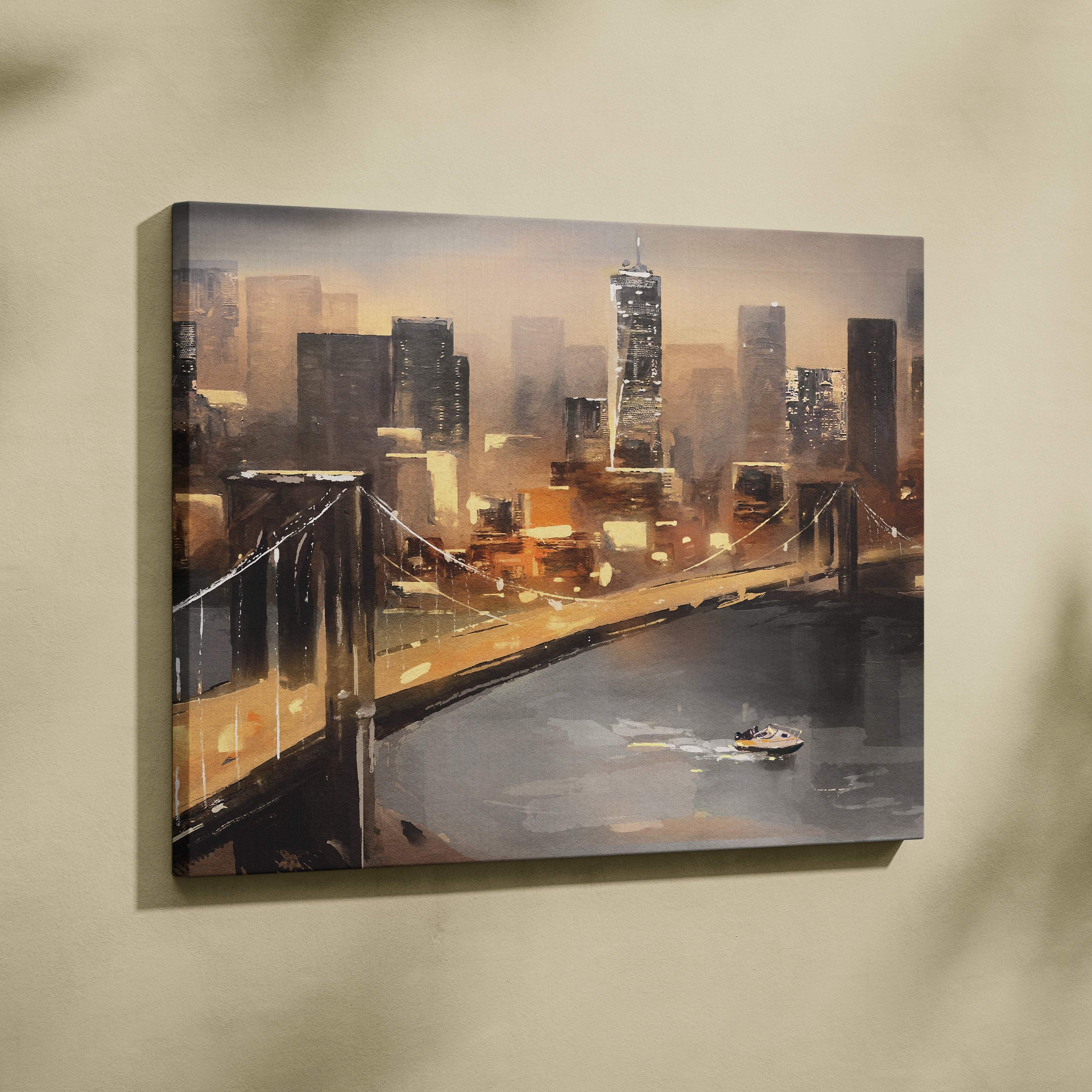 A canvas painting of a moody city bridge at dusk with warm orange brown tones and urban skyline reflections