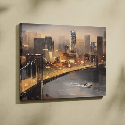 A canvas painting of a moody city bridge at dusk with warm orange brown tones and urban skyline reflections