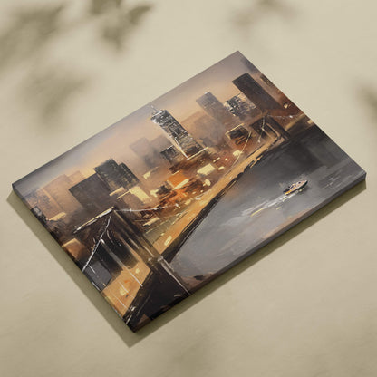Moody city bridge at dusk canvas print featuring warm golden and muted gray impressionistic cityscape with river reflections