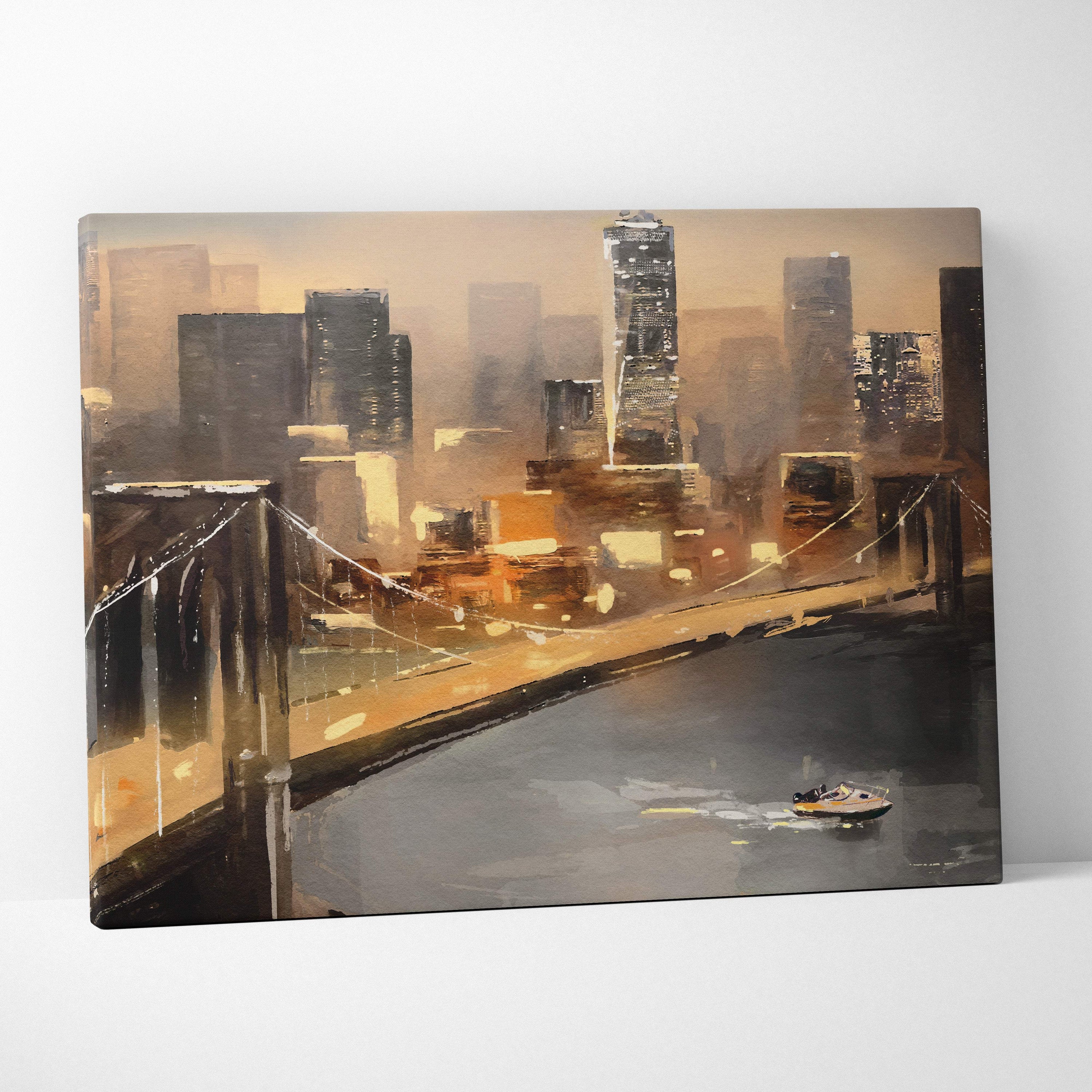 A canvas painting of a warm moody cityscape at dusk with soft lights river reflections and visible brushstrokes