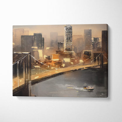 A canvas painting of a moody city bridge at dusk with warm brown gray and orange tones and soft river reflections