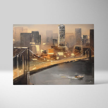 Moody city bridge at dusk rectangular canvas painting with warm orange and gray tones featuring cityscape and river reflections