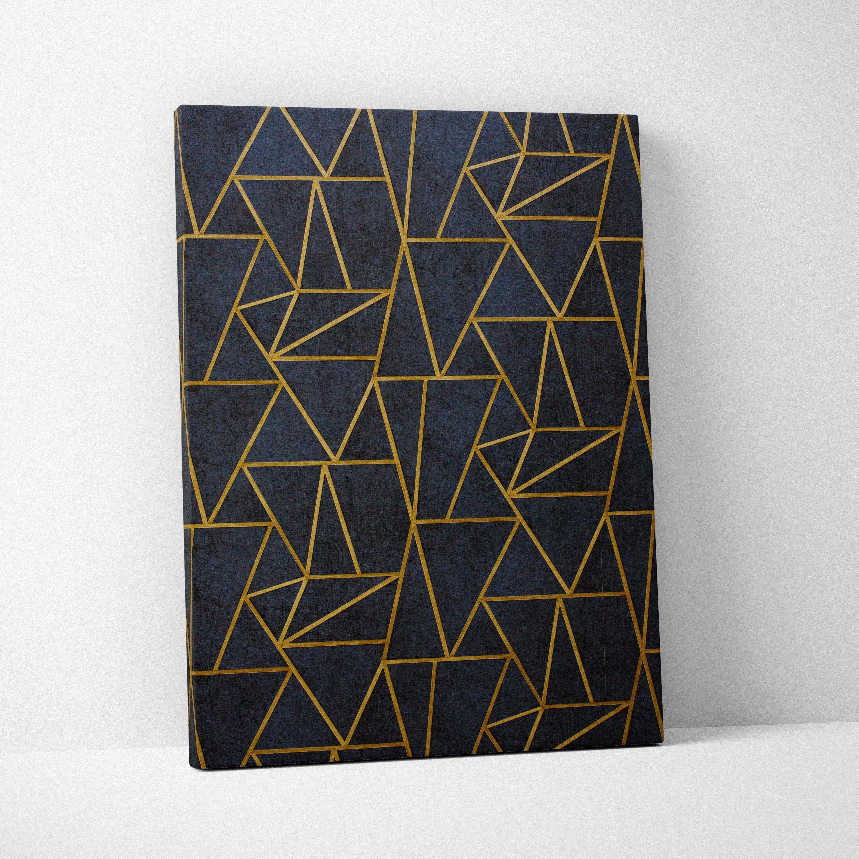 Luxury gold geometric triangle art deco canvas wall art on navy background