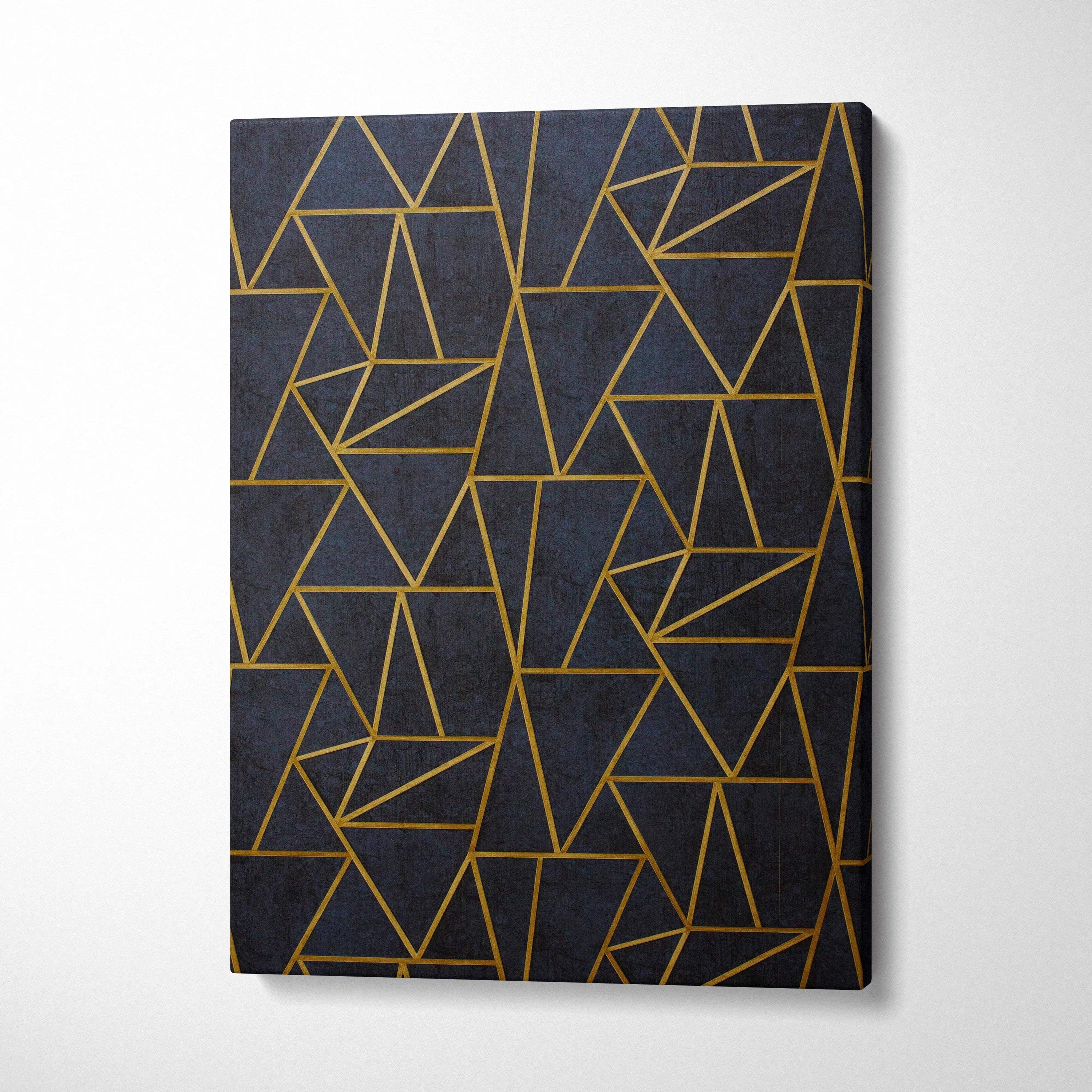 Luxury gold geometric triangle pattern on navy canvas art deco wall art