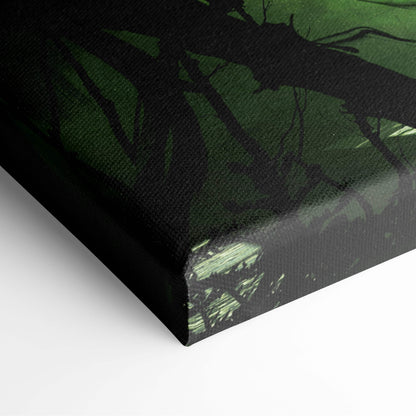 Dark angel sorceress canvas wall art featuring black tree silhouettes against a textured green gothic fantasy background