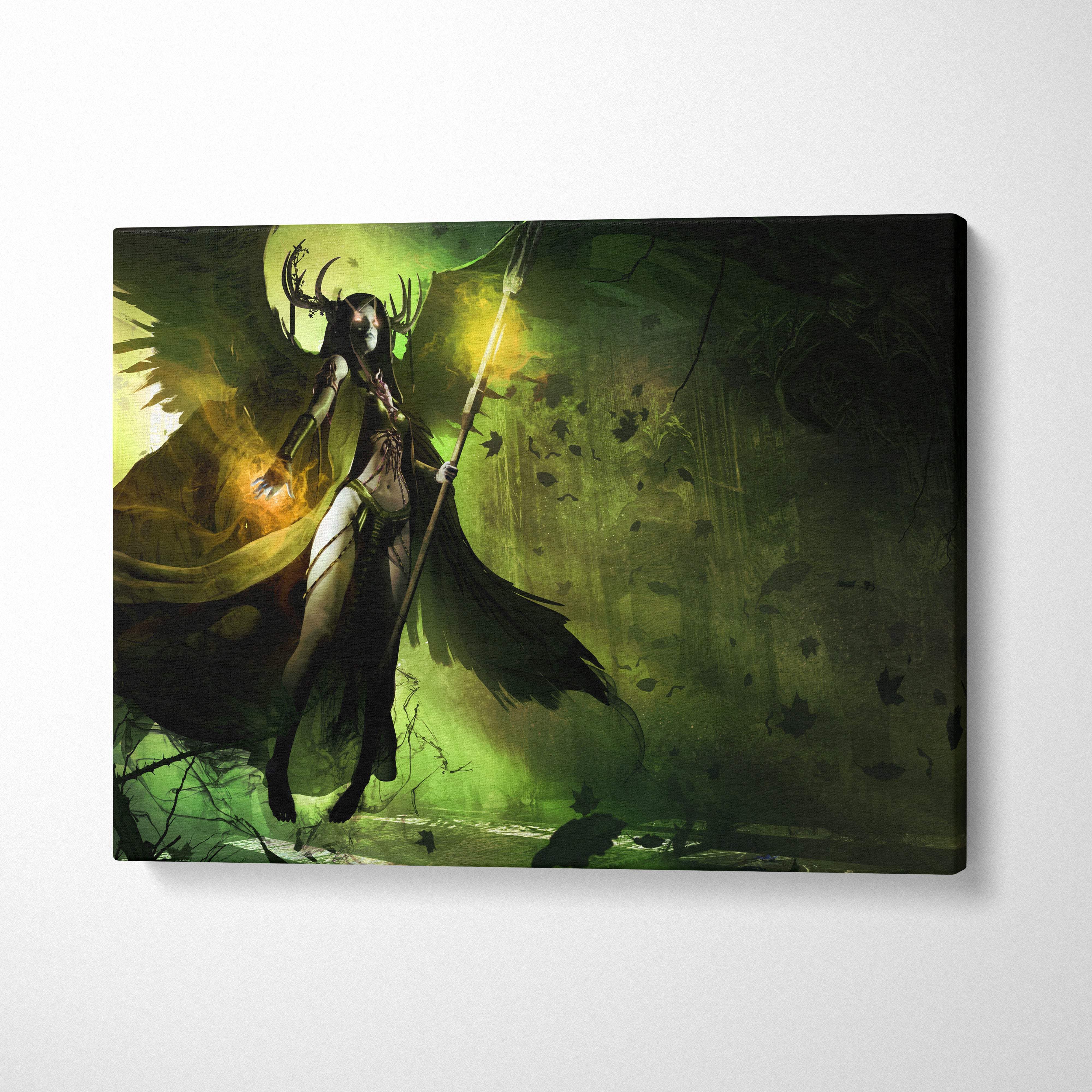 Dark angel sorceress canvas wall art featuring a winged figure with antlers holding a glowing staff in green and black