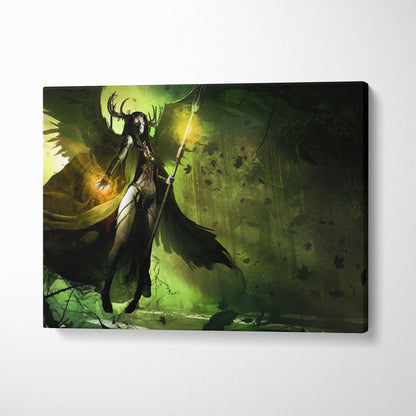 Dark angel sorceress canvas wall art featuring a winged figure with antlers holding a glowing staff in green and black