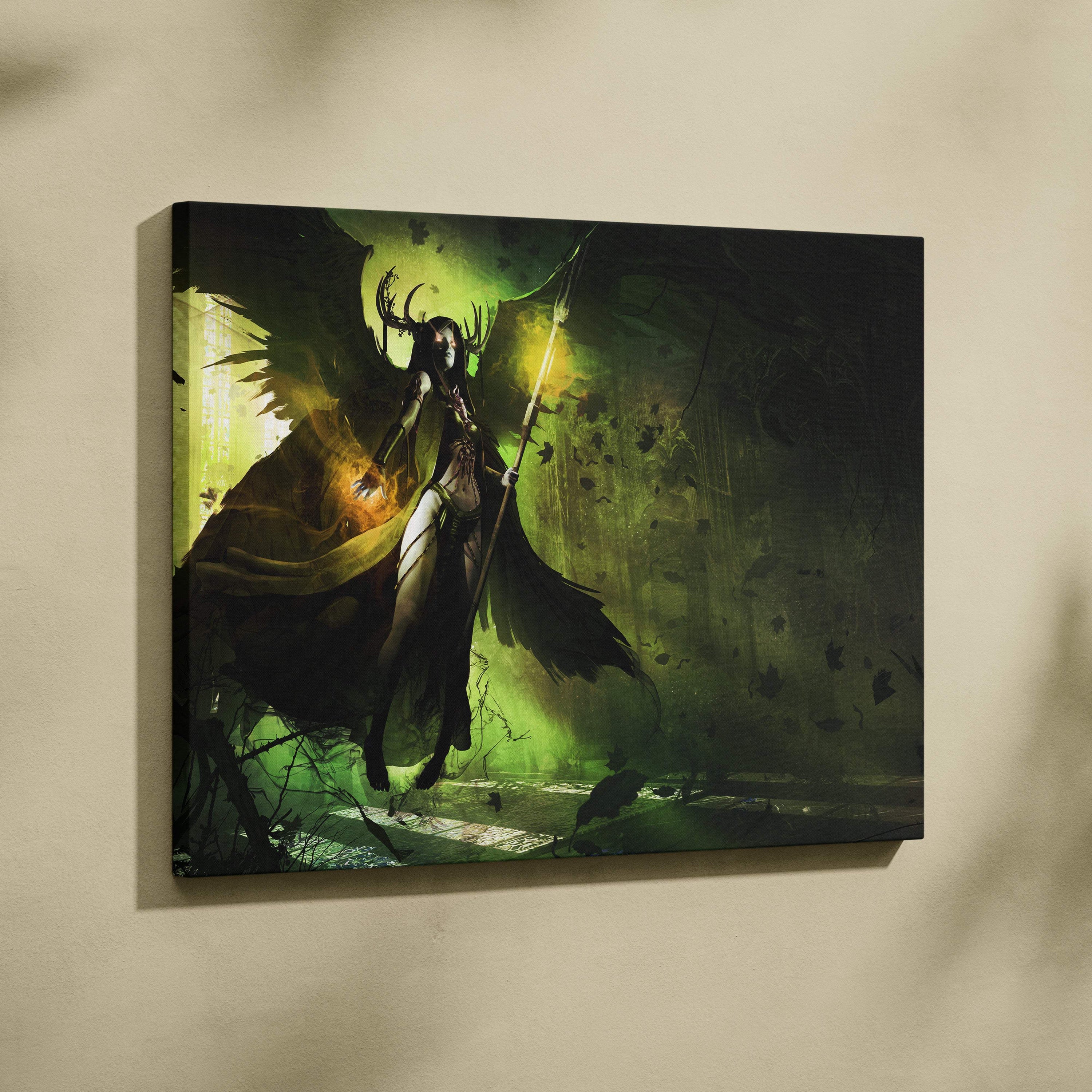 Dark angel sorceress canvas wall art featuring a green and black gothic fantasy warrior with antlers in a forest scene