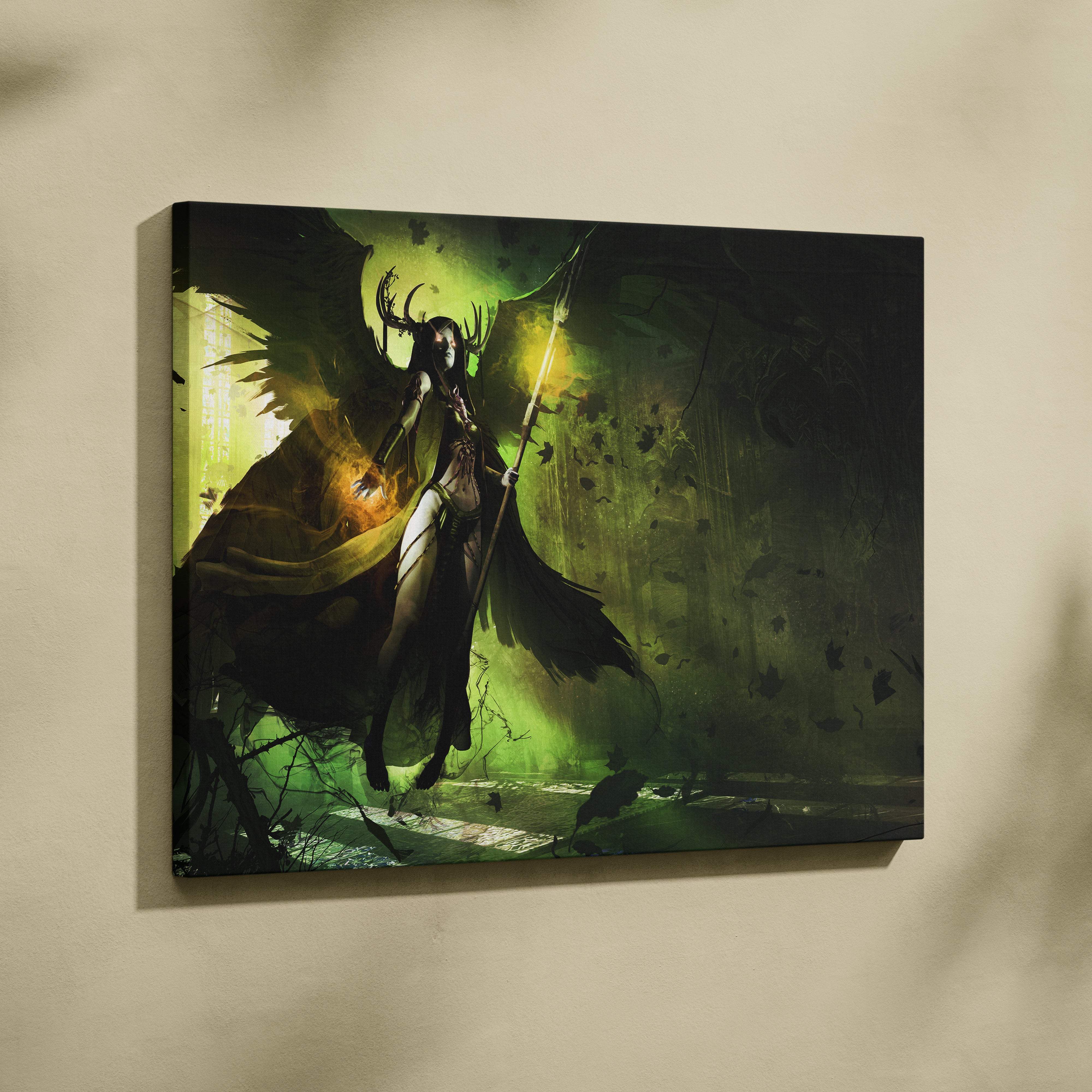 Dark angel sorceress canvas wall art featuring a green and black gothic fantasy warrior with antlers in a forest scene