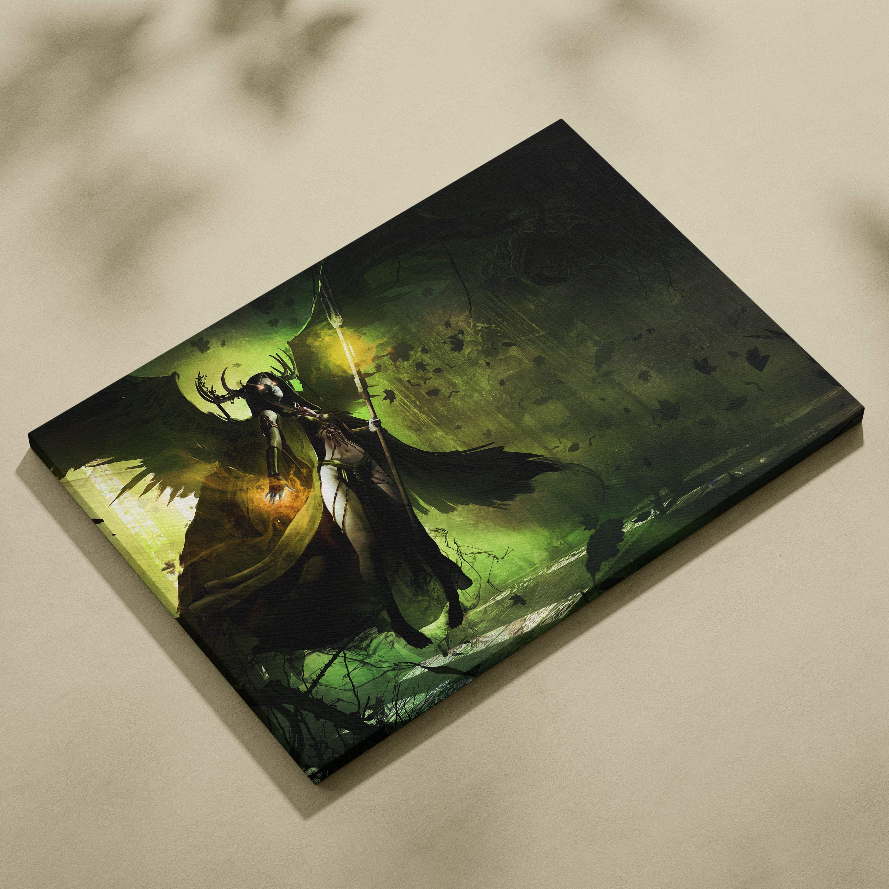 Dark angel sorceress canvas wall art featuring a green and black armored figure with antlers riding a winged creature