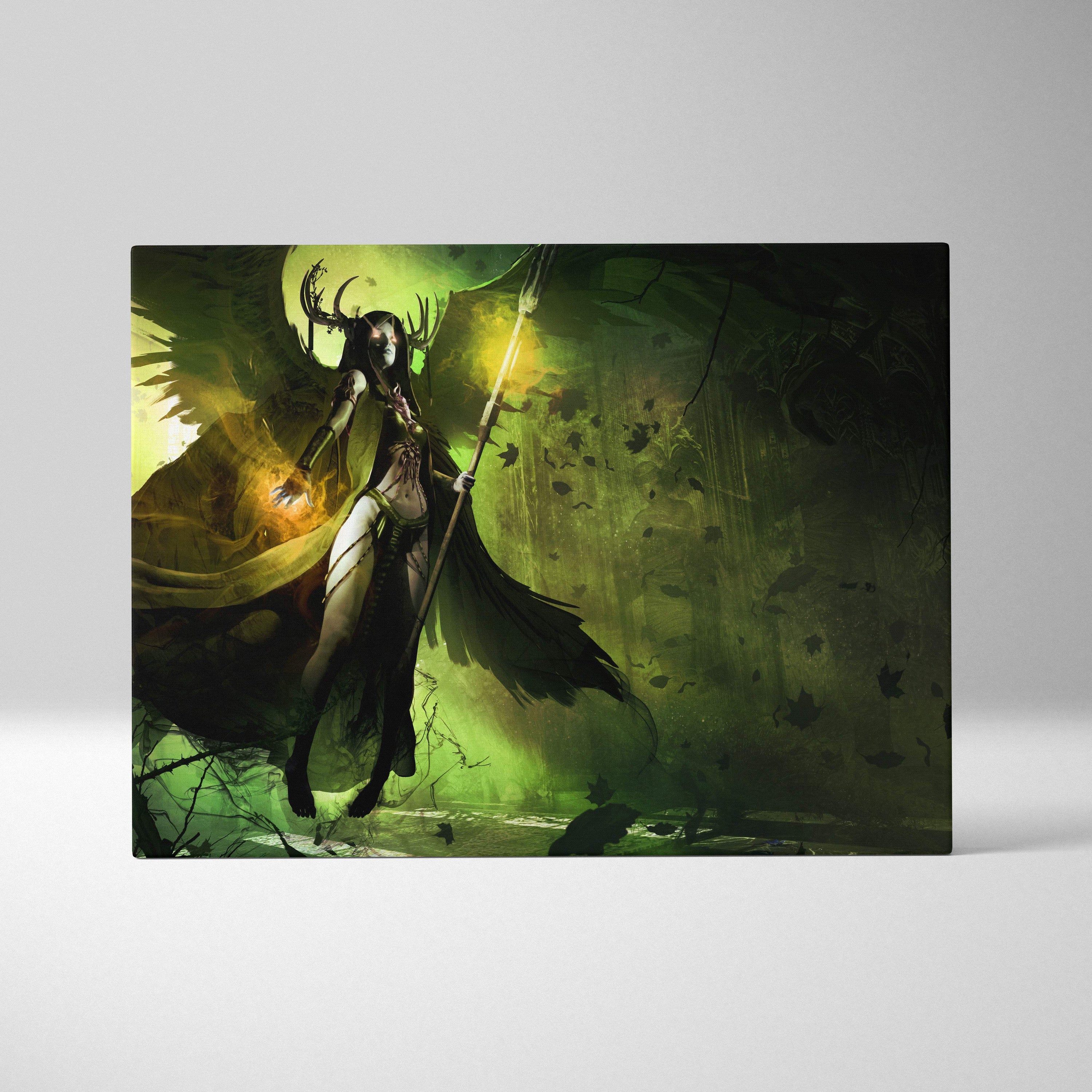 Dark angel sorceress canvas wall art featuring a horned figure with glowing staff in green and black forest scene