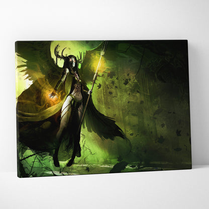 Dark angel sorceress canvas wall art featuring a horned winged figure in black and gold armor with glowing staff in green forest