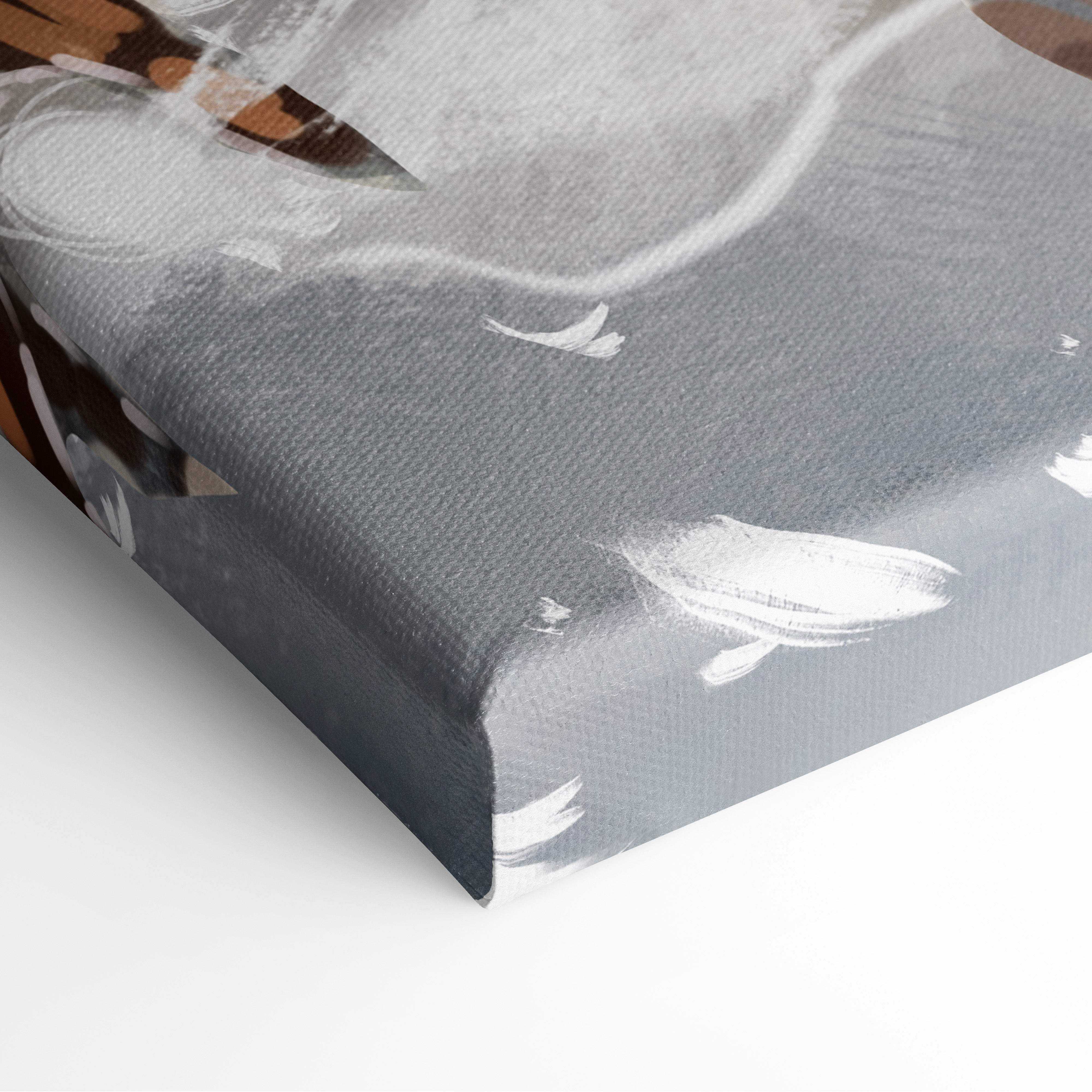 Gray canvas print with abstract white and brown brushstroke design for golden angel warrior canvas wall art decor