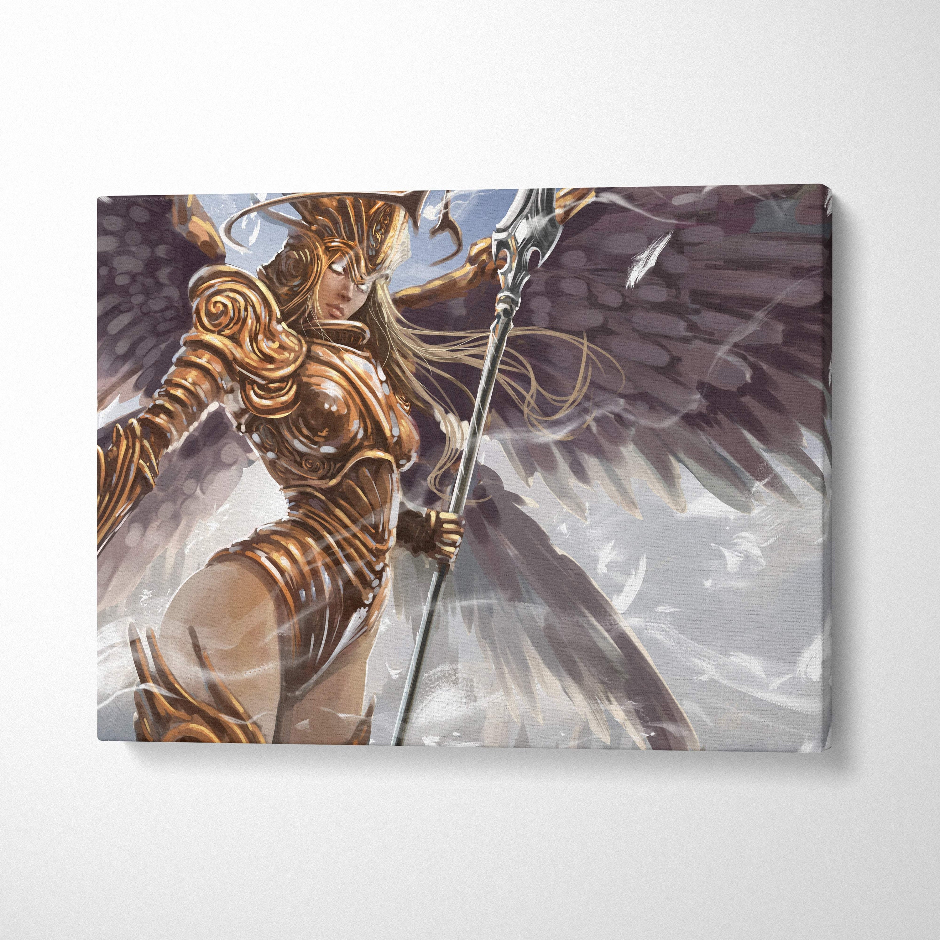 Golden angel warrior canvas wall art featuring a golden armored angel with dark wings on a white and gold background