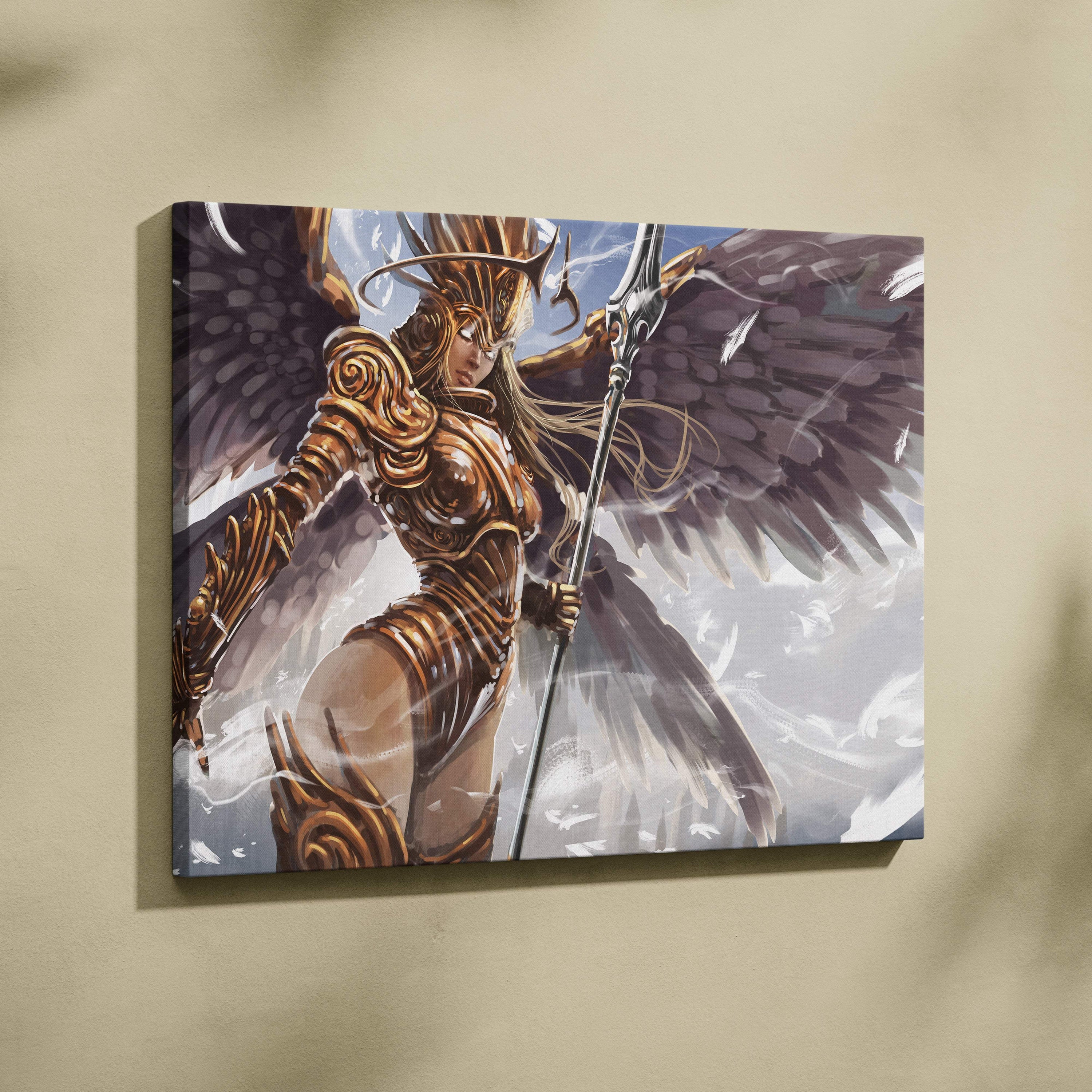 Golden angel warrior canvas wall art featuring white and gold intricate winged valkyrie with spear and ethereal feathers