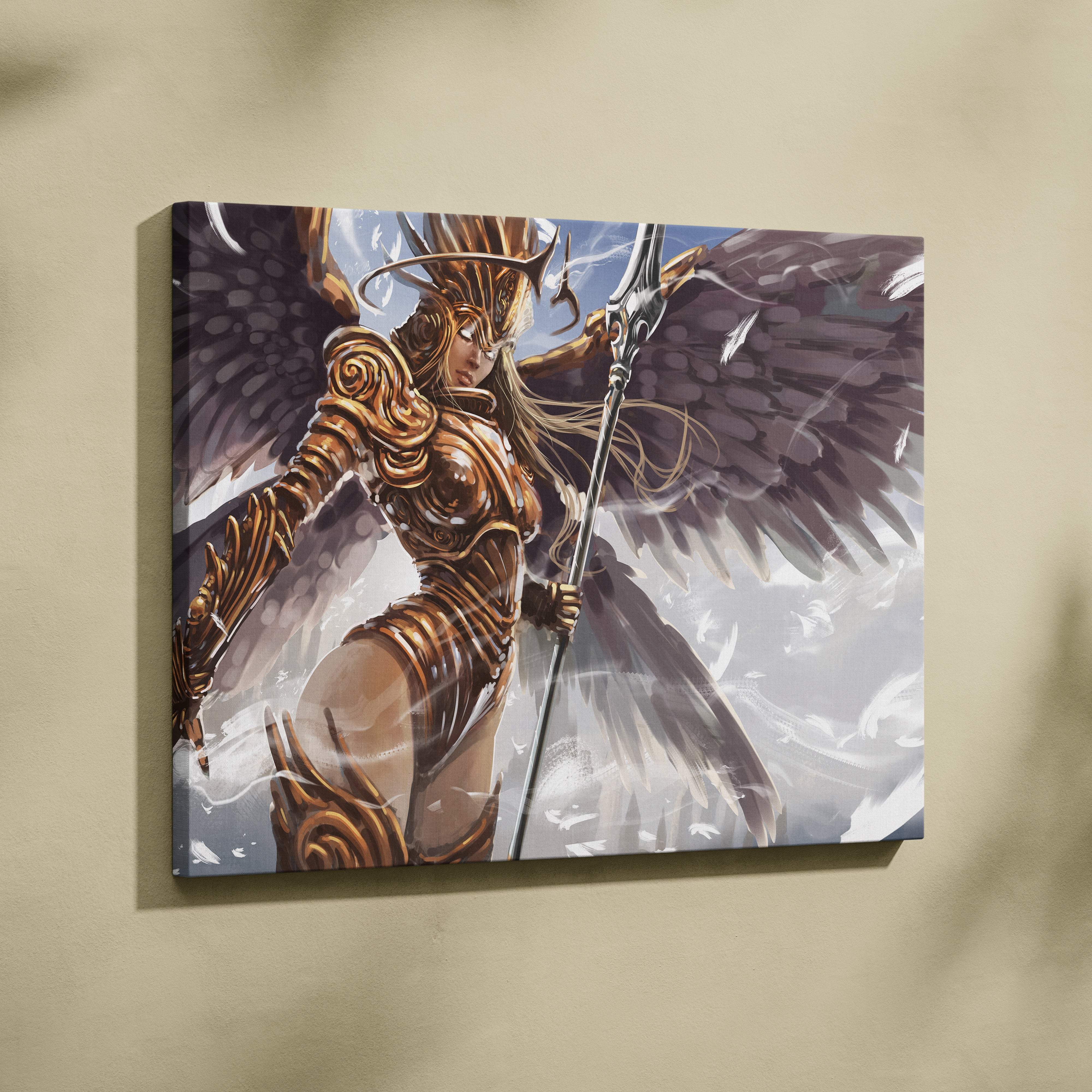 Golden angel warrior canvas wall art featuring white and gold intricate winged valkyrie with spear and ethereal feathers