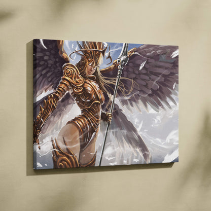 Golden angel warrior canvas wall art featuring white and gold intricate winged valkyrie with spear and ethereal feathers