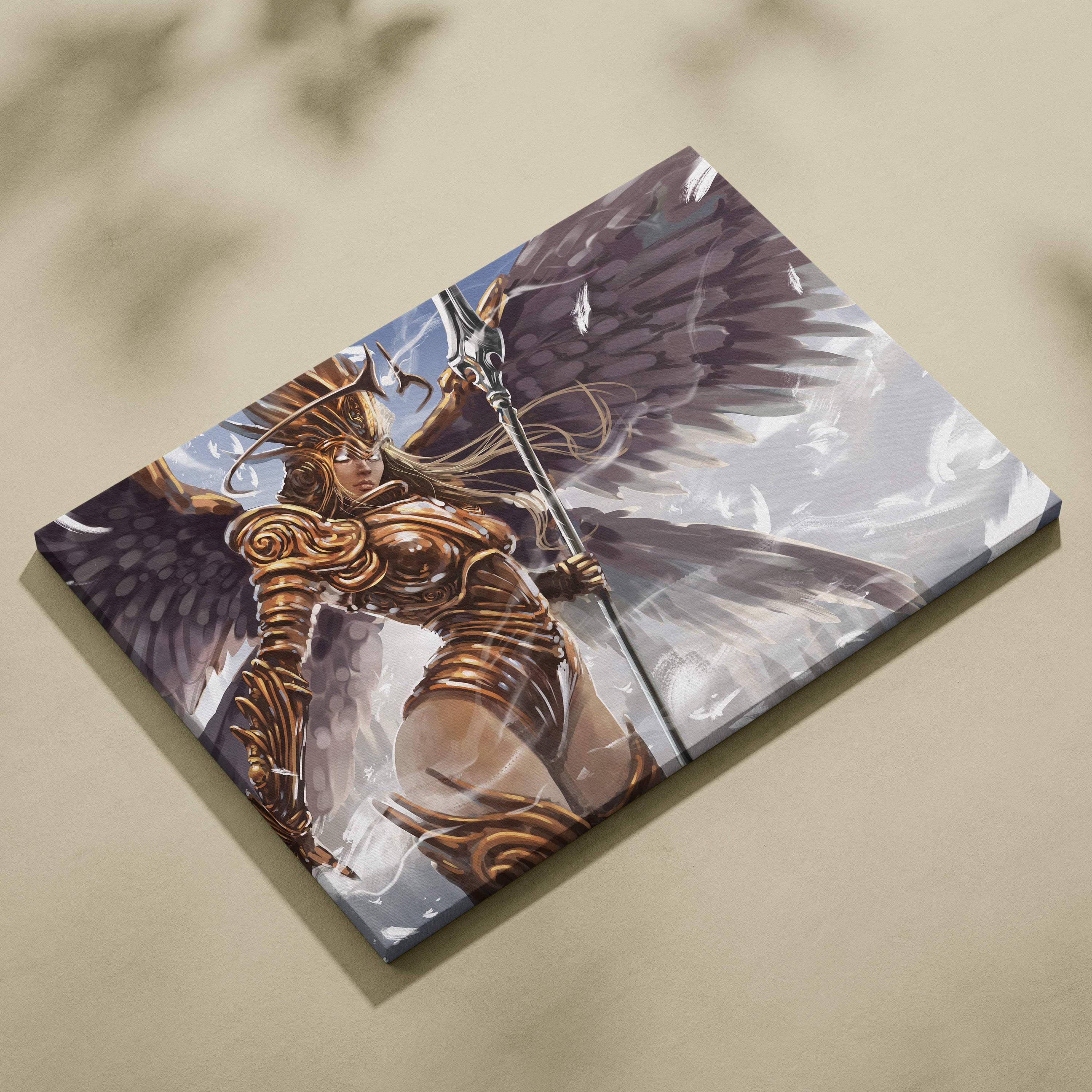Golden angel warrior canvas wall art featuring a detailed white and gold armored valkyrie with dark wings holding a spear