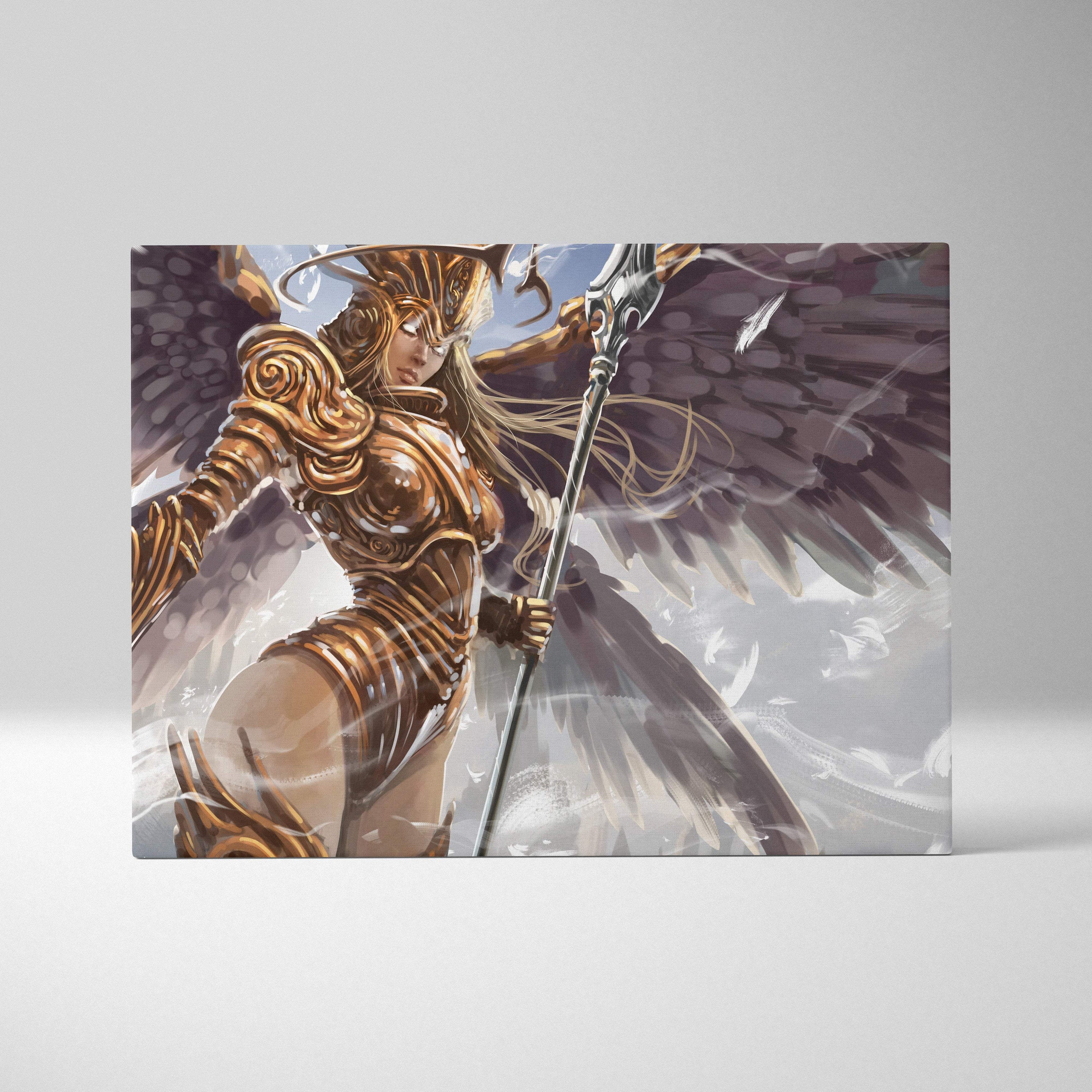Golden angel warrior canvas wall art featuring a white and gold winged valkyrie with ornate helmet and ethereal feathers