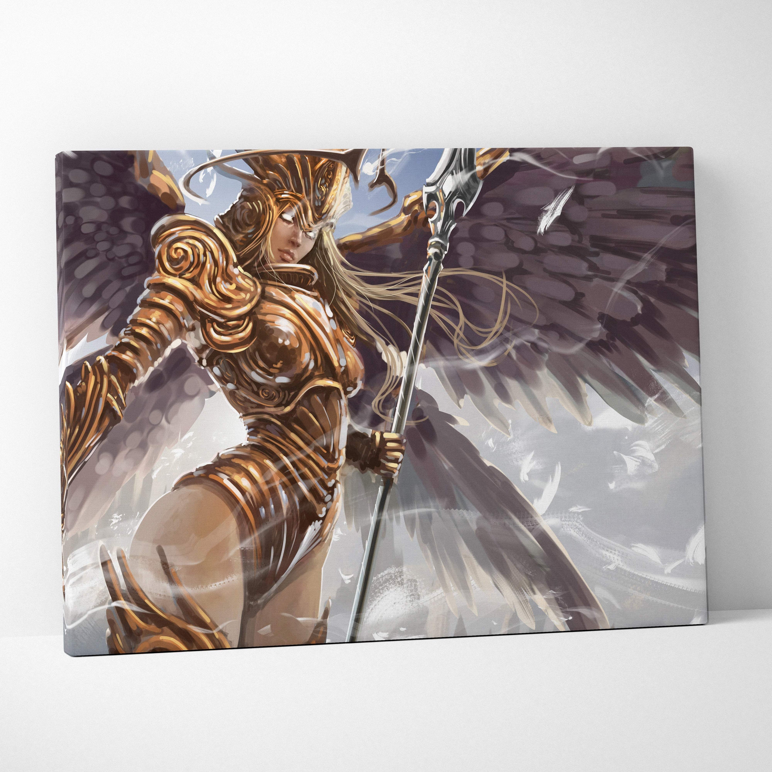 Golden angel warrior canvas wall art with flowing blonde hair expansive dark wings and ethereal light feathers