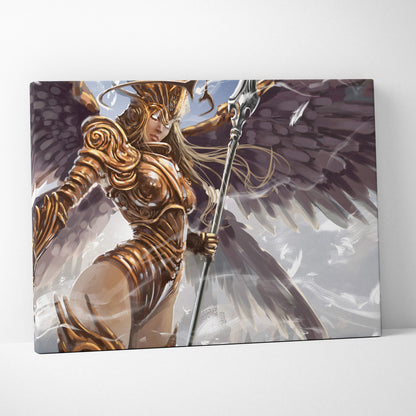 Golden angel warrior canvas wall art with flowing blonde hair expansive dark wings and ethereal light feathers