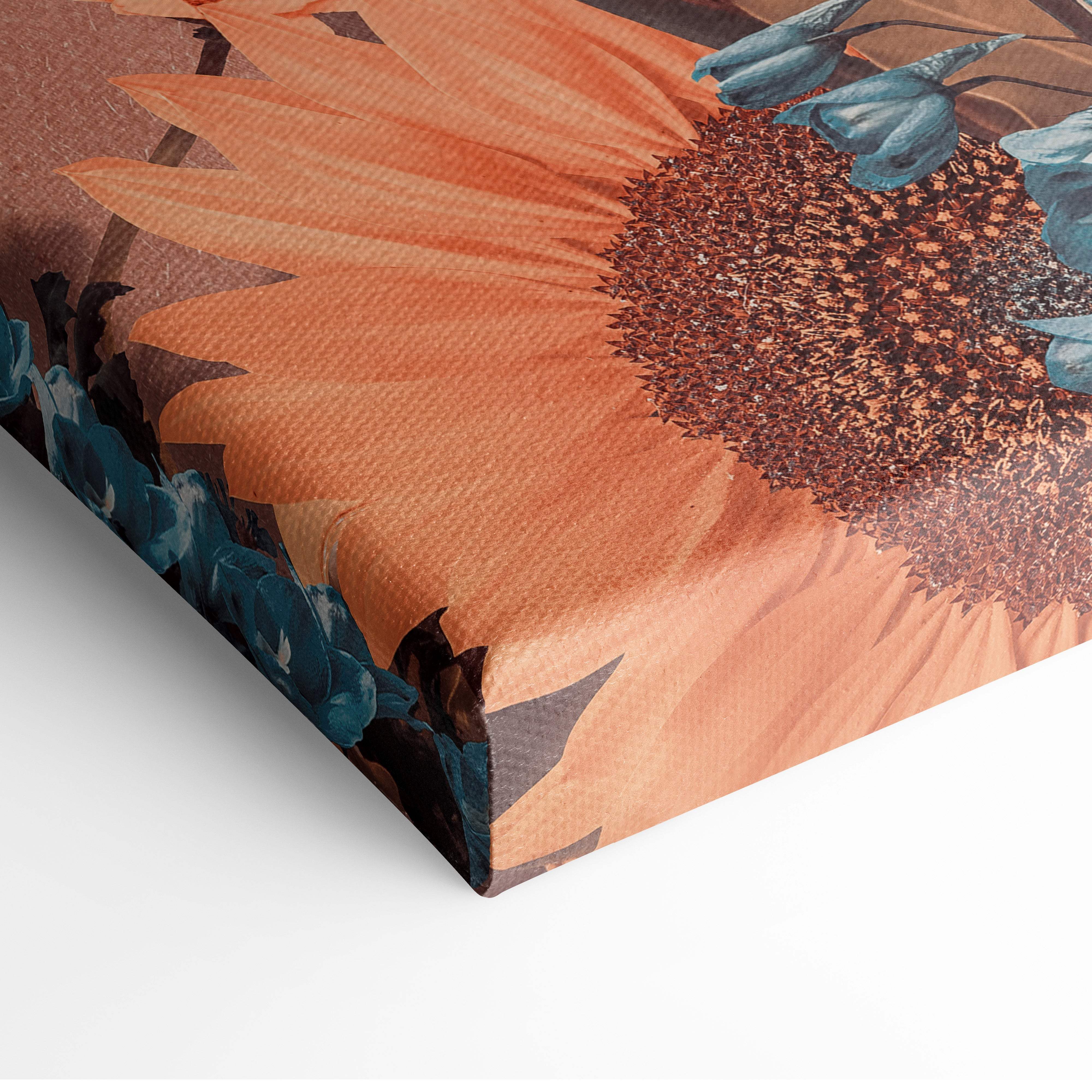 Contemporary floral woman canvas wall art with vibrant orange sunflower and teal blue flowers for bedroom decor