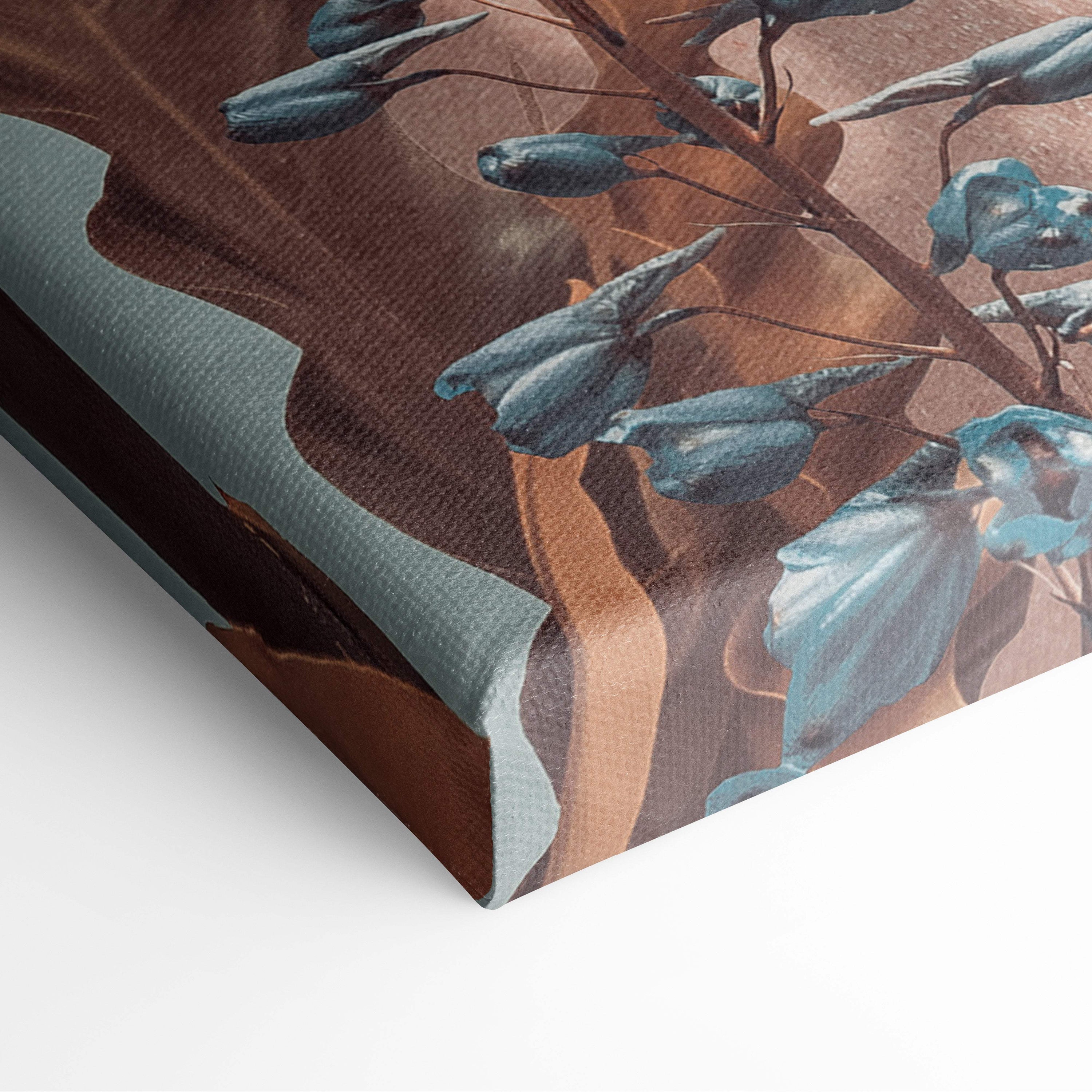 Contemporary floral woman canvas wall art featuring teal-blue flowers and brown branches on an earthy background