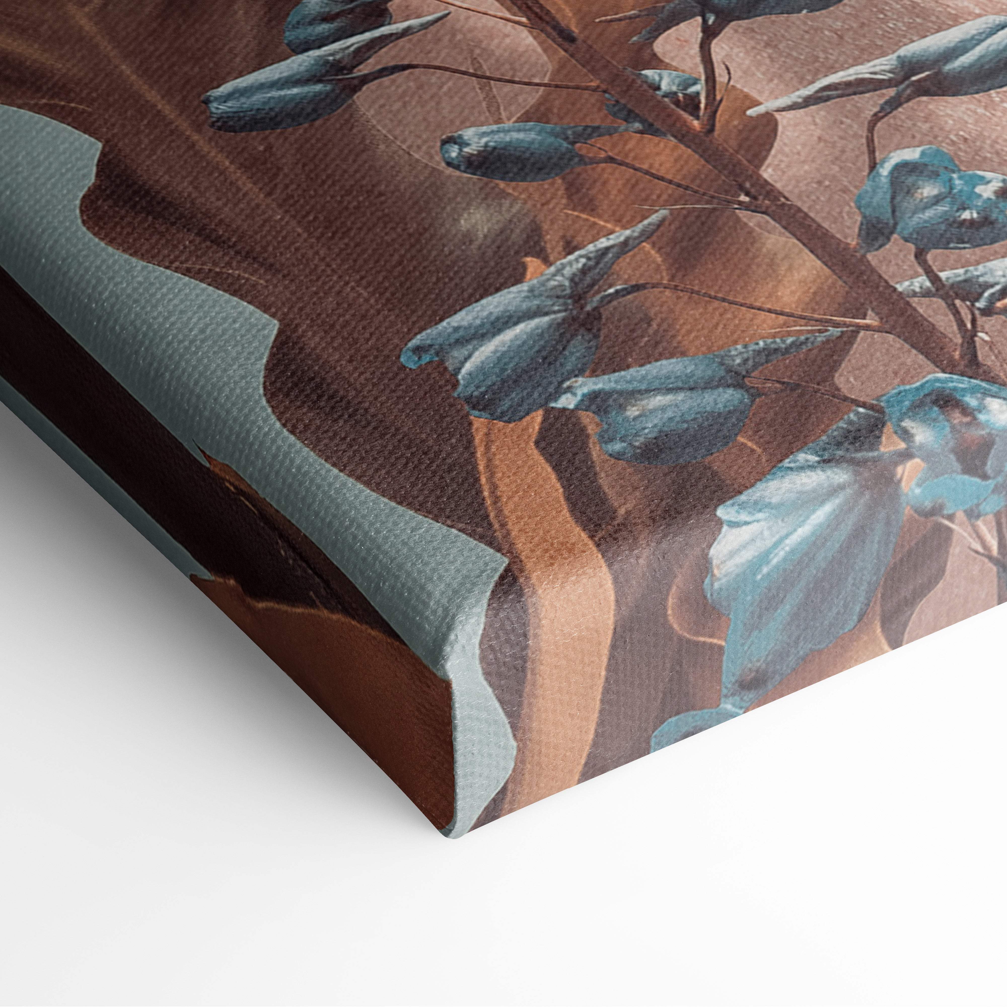 Contemporary floral woman canvas wall art featuring teal-blue flowers and brown branches on an earthy background