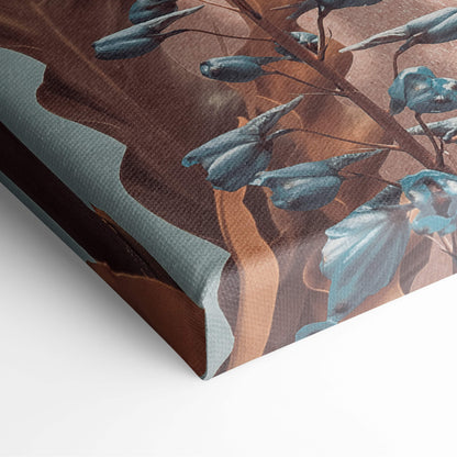 Contemporary floral woman canvas wall art featuring teal-blue flowers and brown branches on an earthy background
