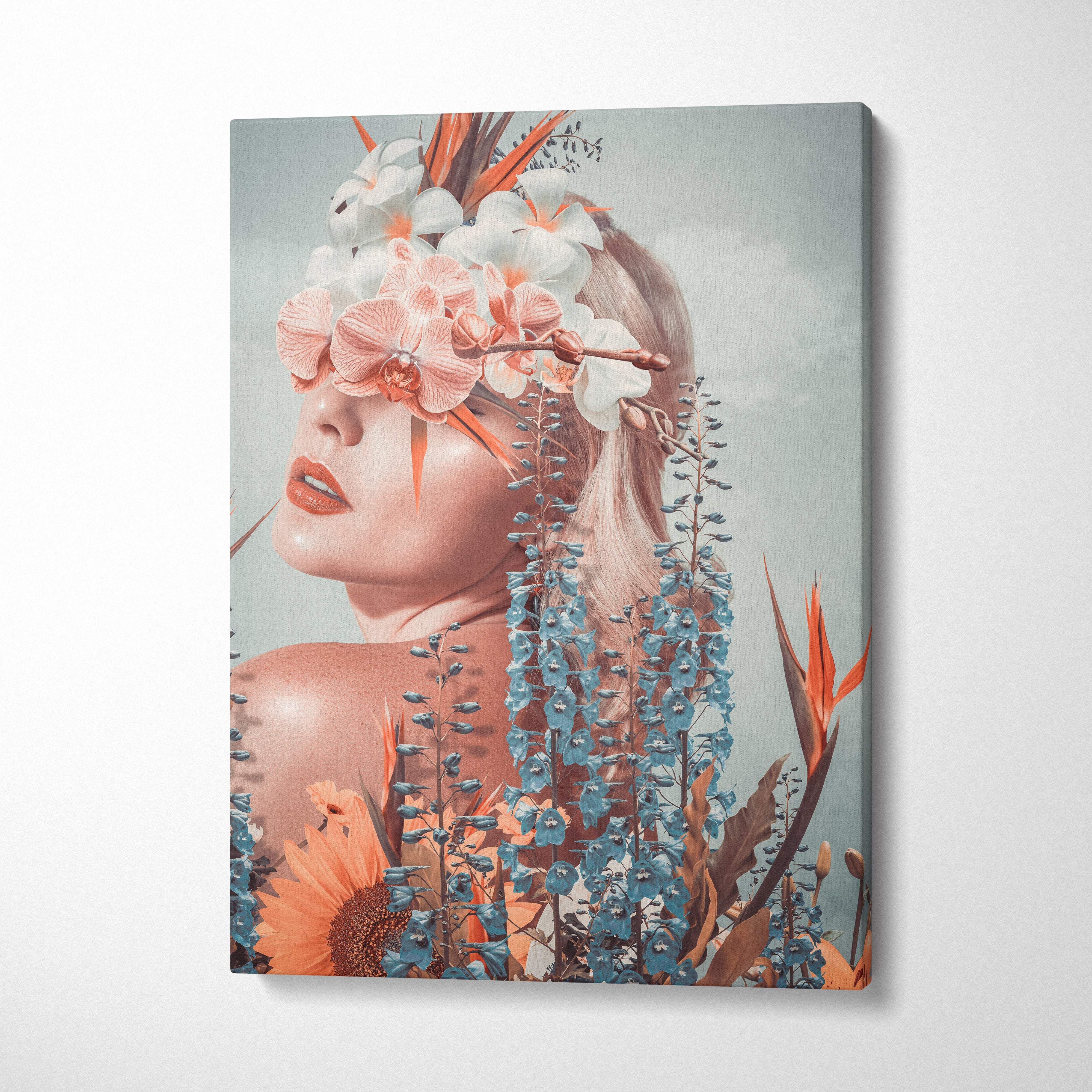 Rectangular canvas wall art of a woman with white pink orange orchids and blue flowers in a coral blue tropical style