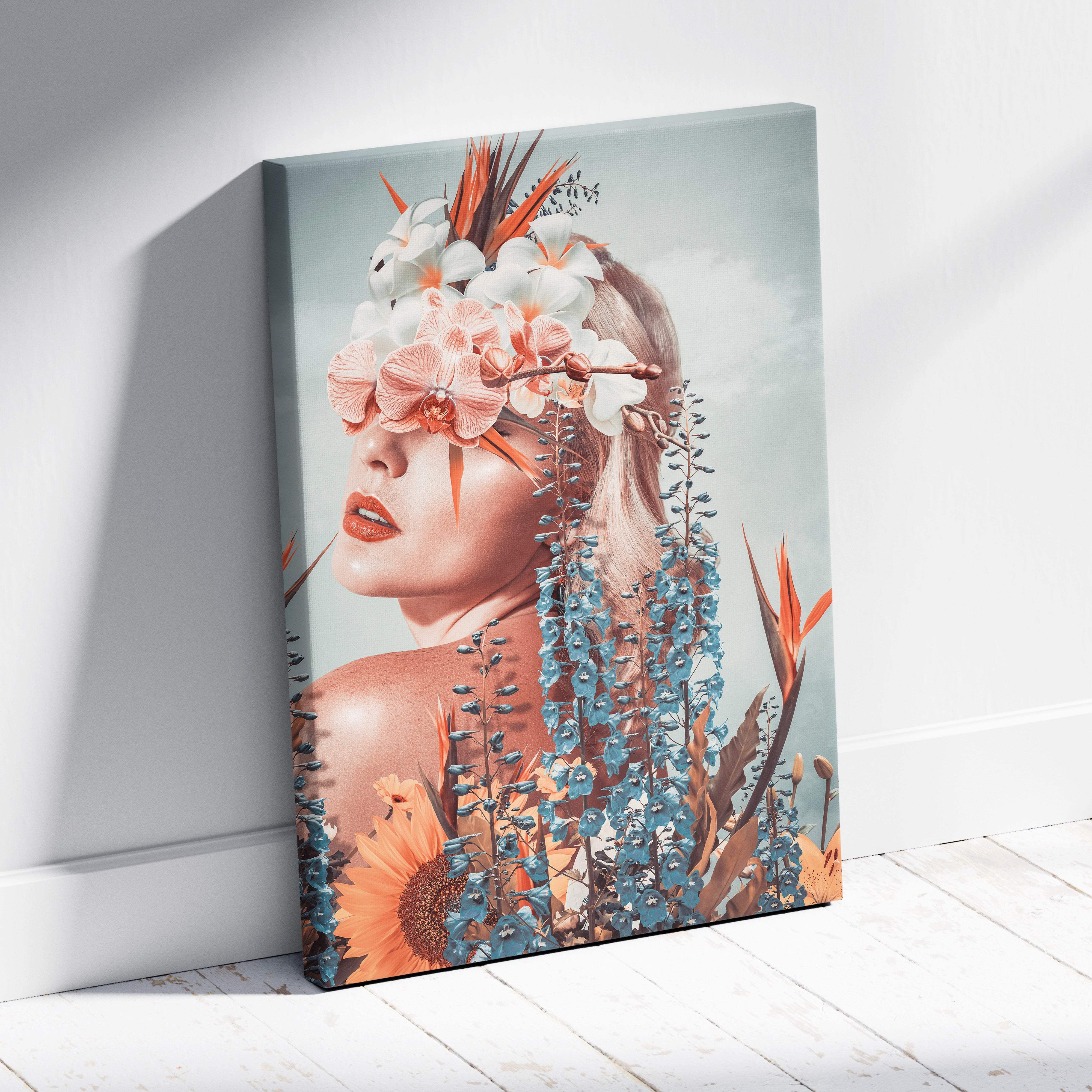 Contemporary floral woman canvas wall art with orchid flower crown in coral, blue, and pastel tones for modern bedroom decor