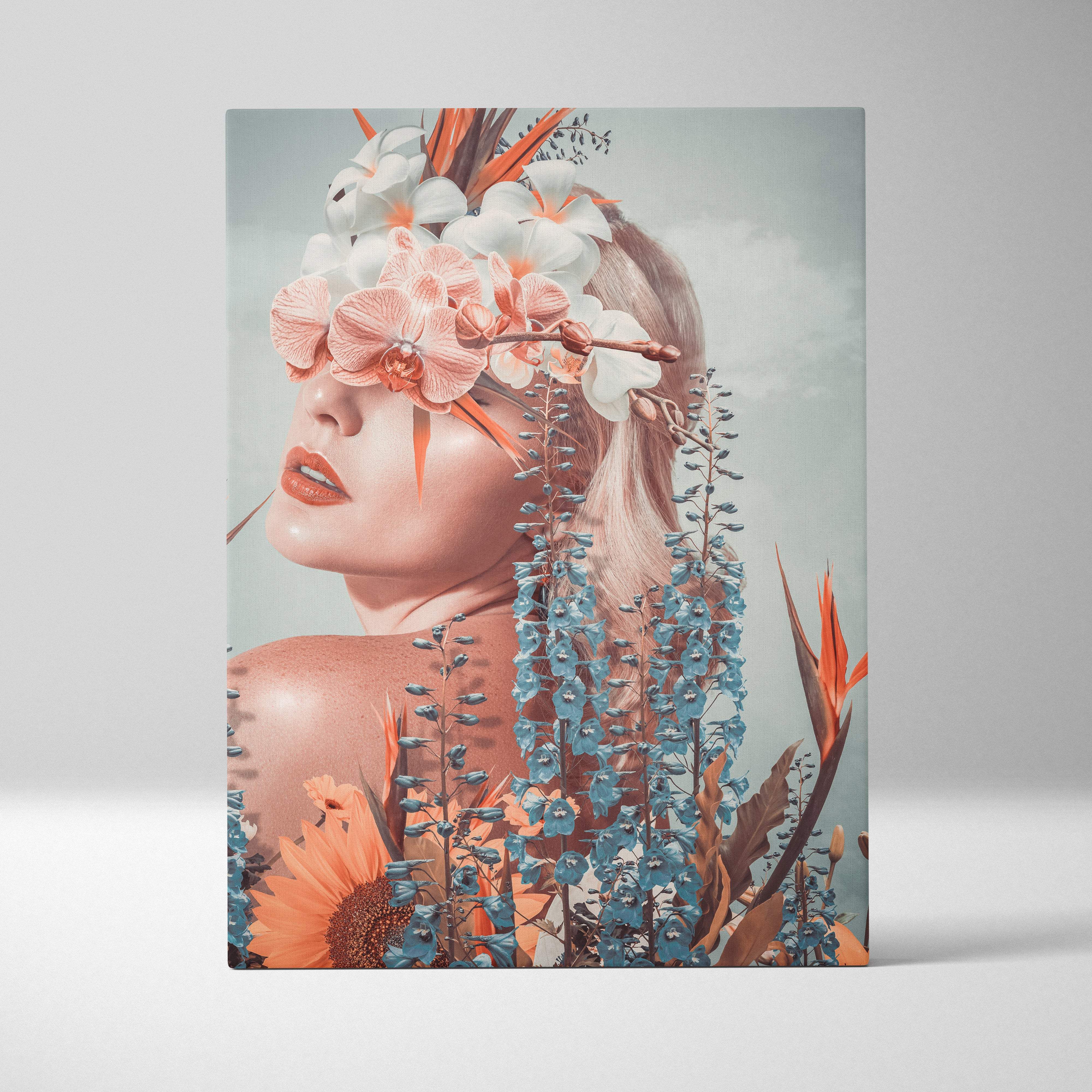 Rectangular canvas print of a woman with a coral blue orchid and bird-of-paradise floral crown for bedroom decor
