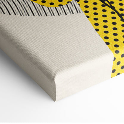 Yellow black coffee lover canvas wall art with bold polka dot pattern and textured gray border for kitchen or cafe decor