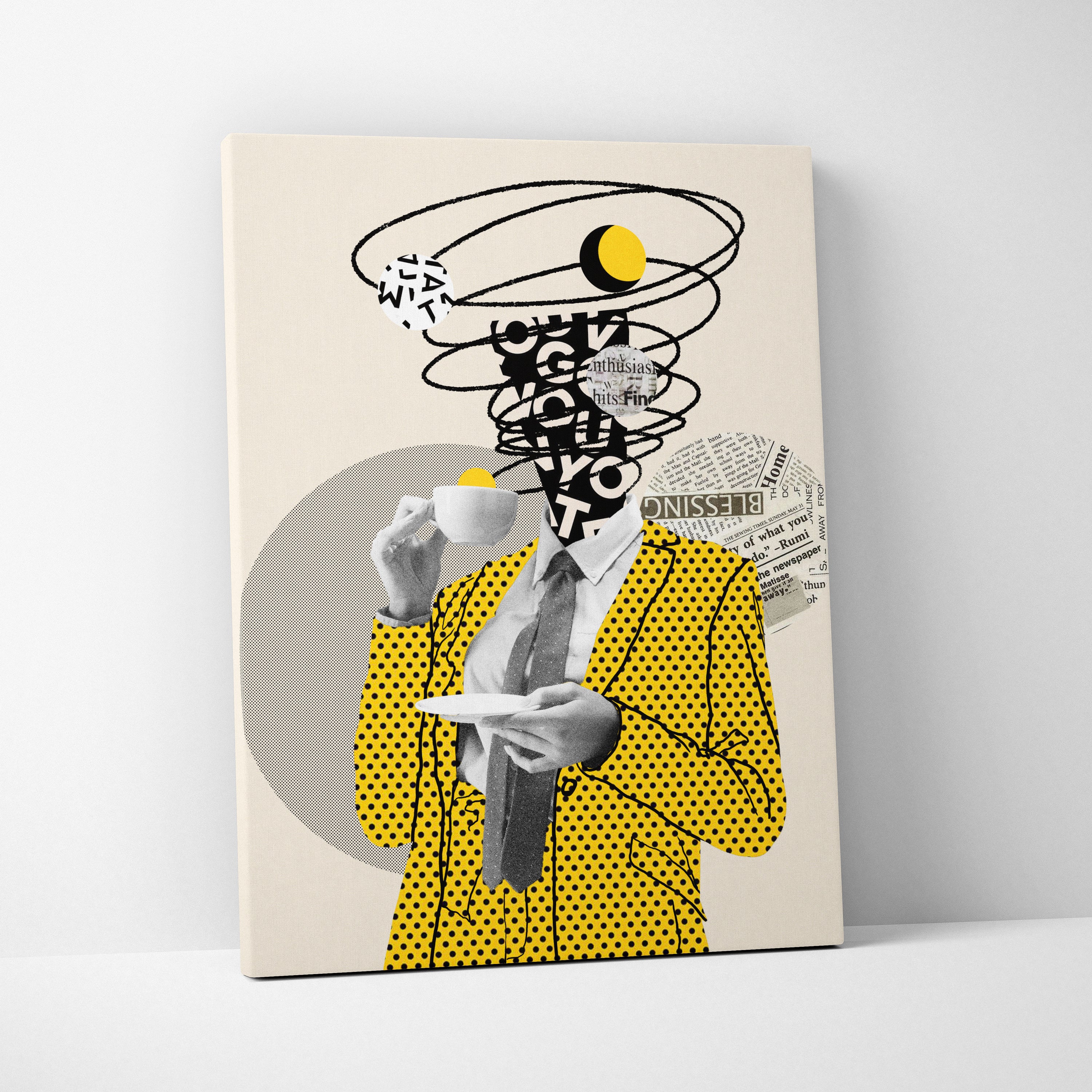 Yellow black coffee lover canvas wall art featuring a figure in a yellow polka-dot suit with gray tie holding a teacup