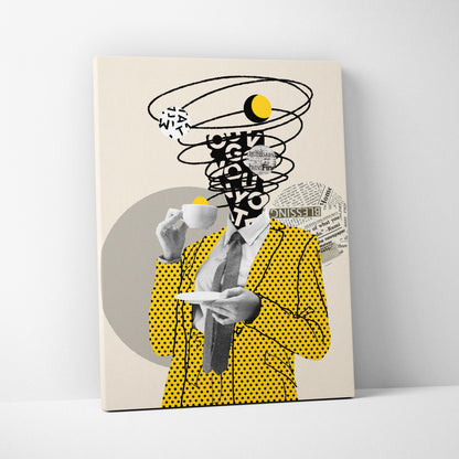 Yellow black coffee lover canvas wall art featuring a figure in a yellow polka-dot suit with gray tie holding a teacup