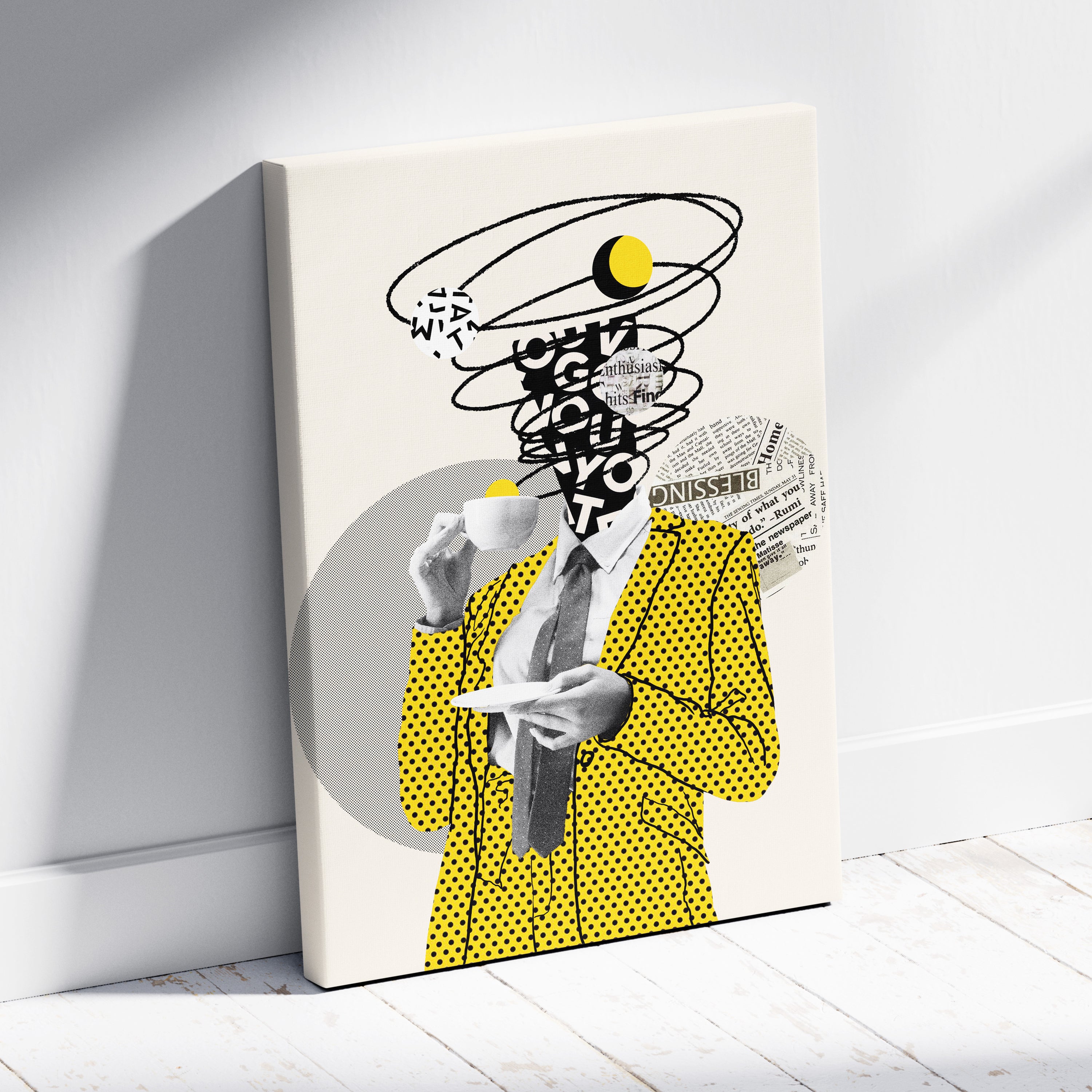Yellow black coffee lover canvas wall art featuring a vibrant yellow polka dot suit jacket with black tie and abstract collage background
