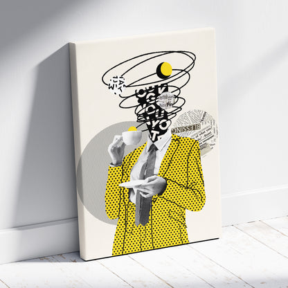 Yellow black coffee lover canvas wall art featuring a vibrant yellow polka dot suit jacket with black tie and abstract collage background