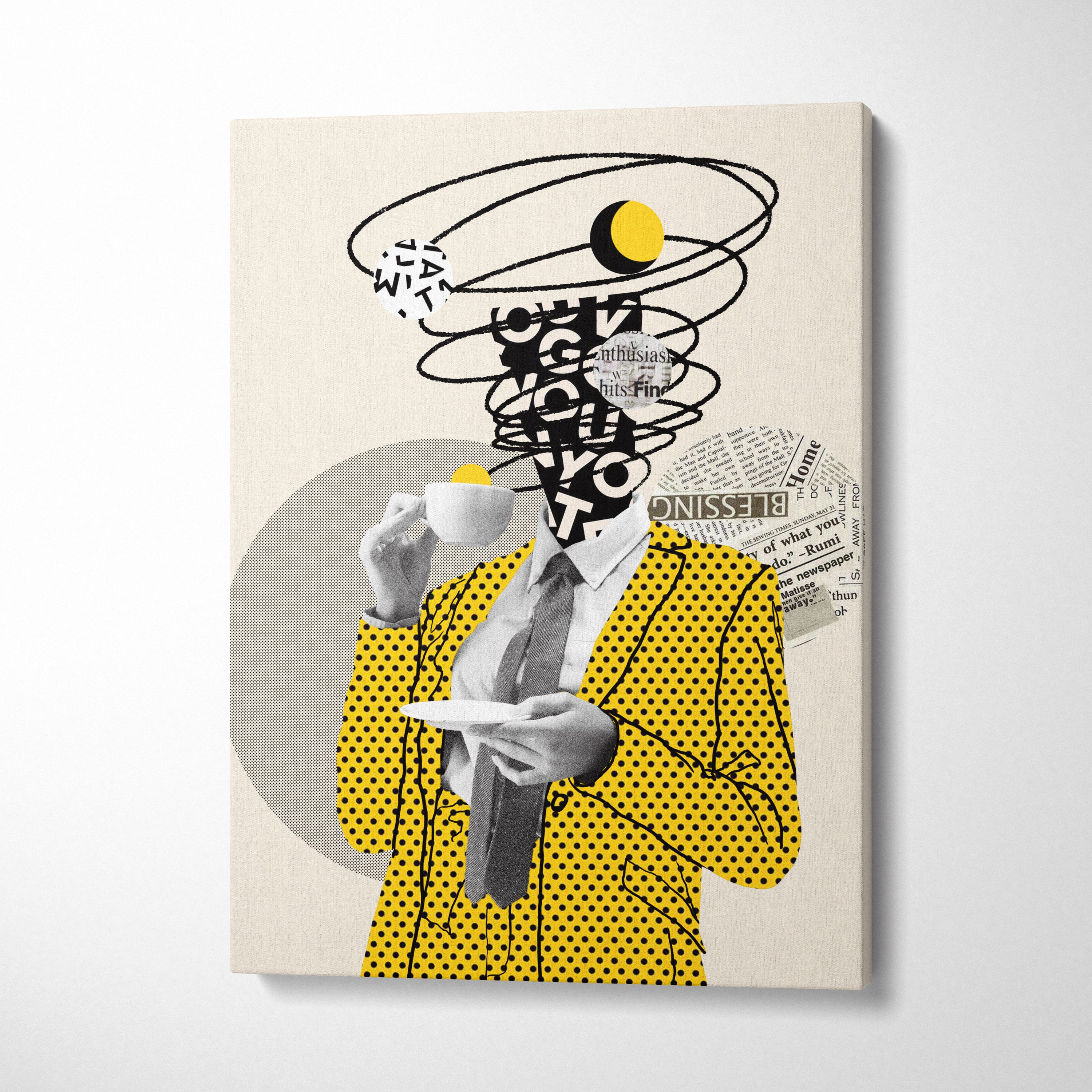 Yellow black coffee lover canvas wall art featuring a vibrant yellow polka-dot suit jacket over retro collage decor