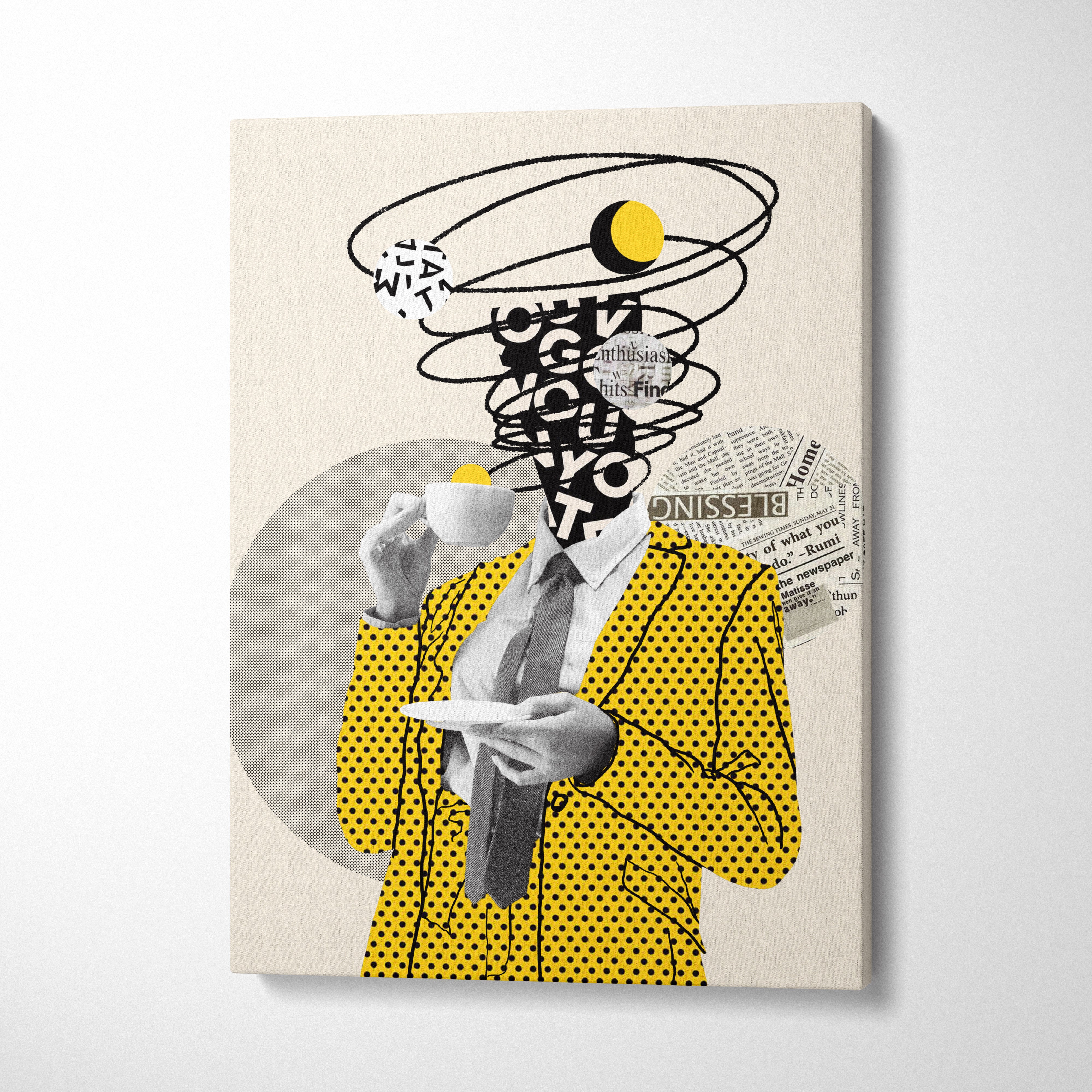 Yellow black coffee lover canvas wall art featuring a vibrant yellow polka-dot suit jacket over retro collage decor
