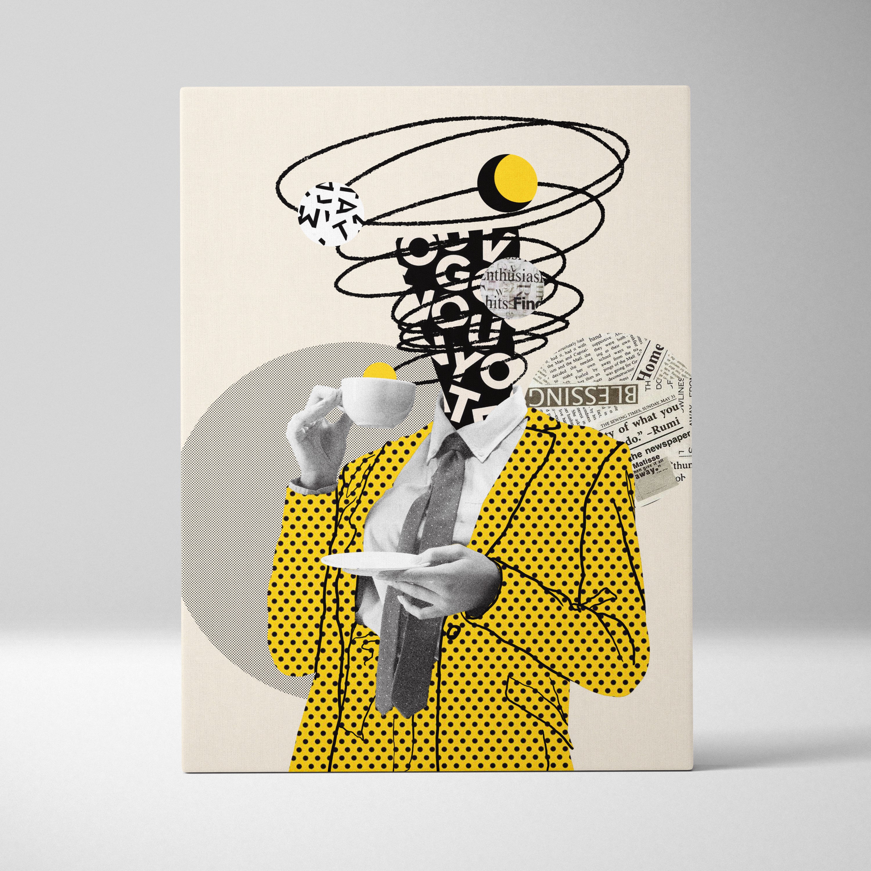 Yellow polka dot blazer with black tie and white shirt in quirky abstract coffee lover canvas wall art painting style