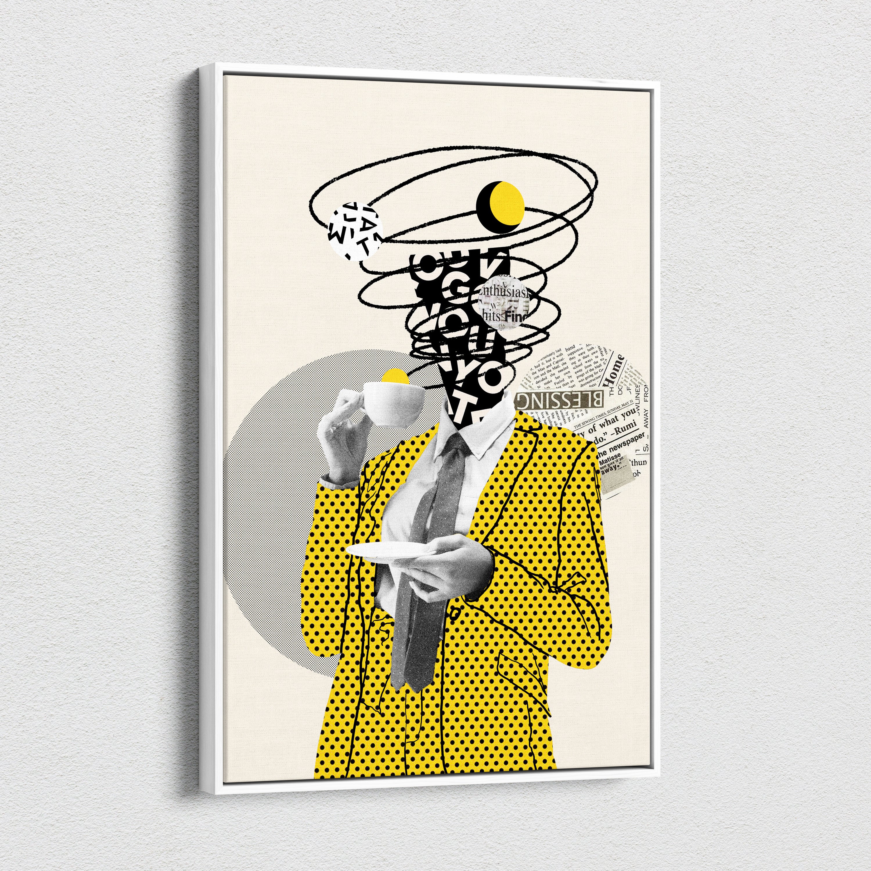 Yellow black coffee lover canvas wall art featuring a yellow polka-dot suit jacket with black dots and gray tie design