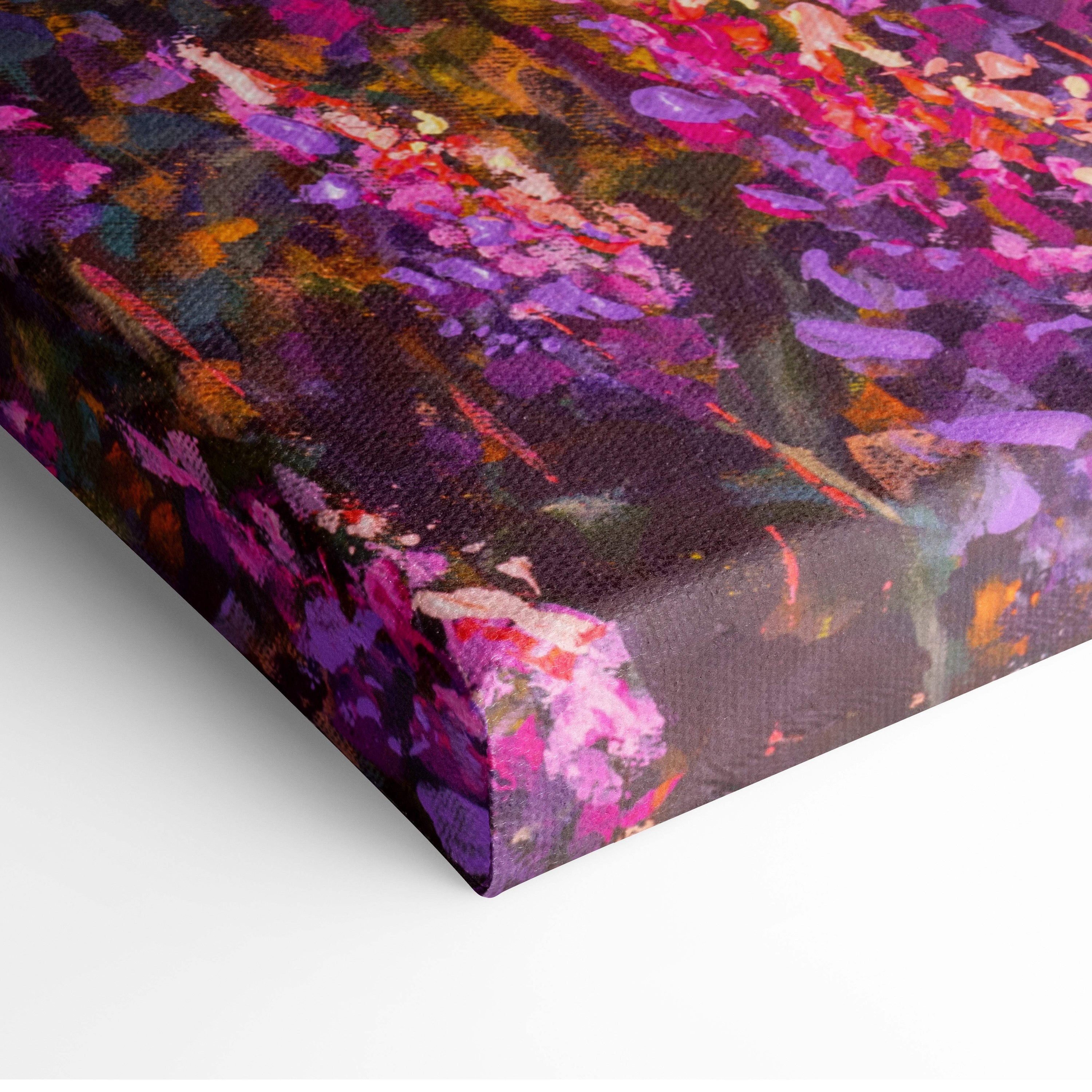 Vibrant abstract floral canvas print with bold purple pink and orange strokes on textured dark background in oil style