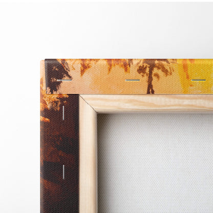 Light wood-framed canvas print of a warm-toned palm tree scene with golden and brown hues in oil painting style